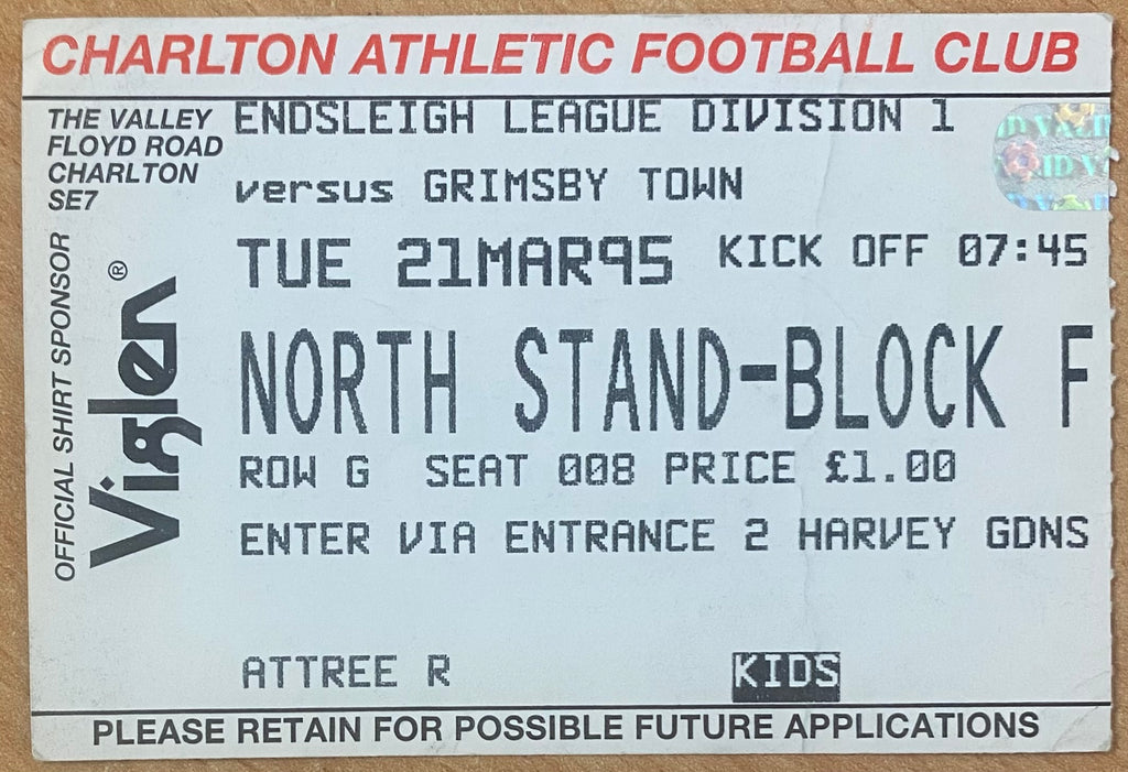1994/95 ORIGINAL DIVISION 1 TICKET CHARLTON ATHLETIC V GRIMSBY TOWN