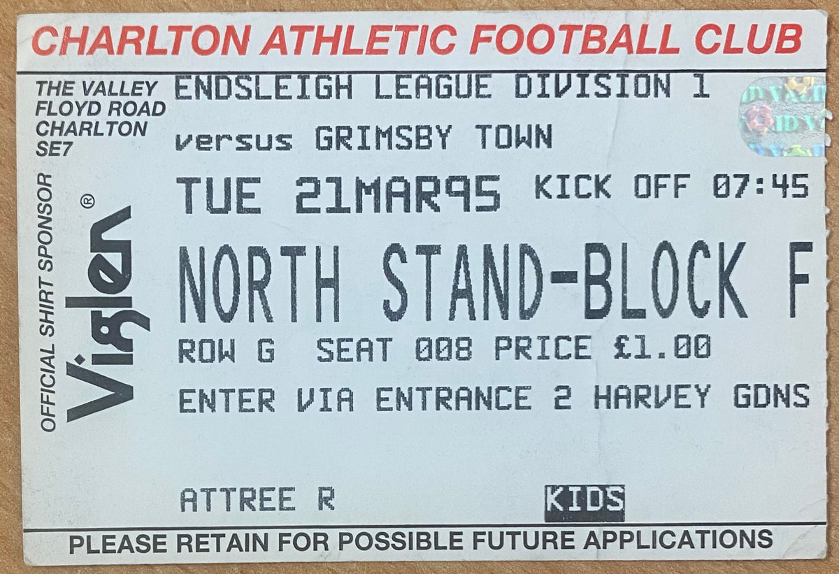 1994/95 ORIGINAL DIVISION 1 TICKET CHARLTON ATHLETIC V GRIMSBY TOWN