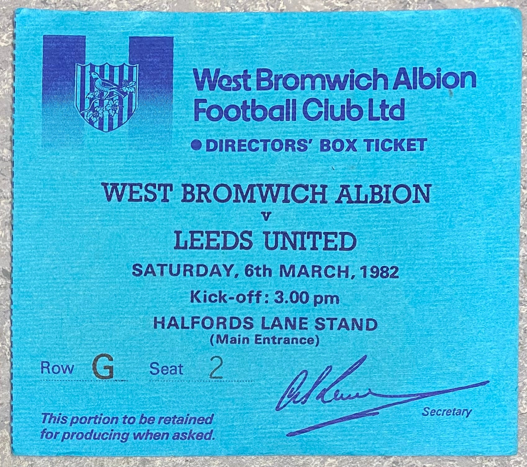 1981/82 ORIGINAL DIVISION ONE TICKET WEST BROMWICH ALBION V LEEDS UNITED