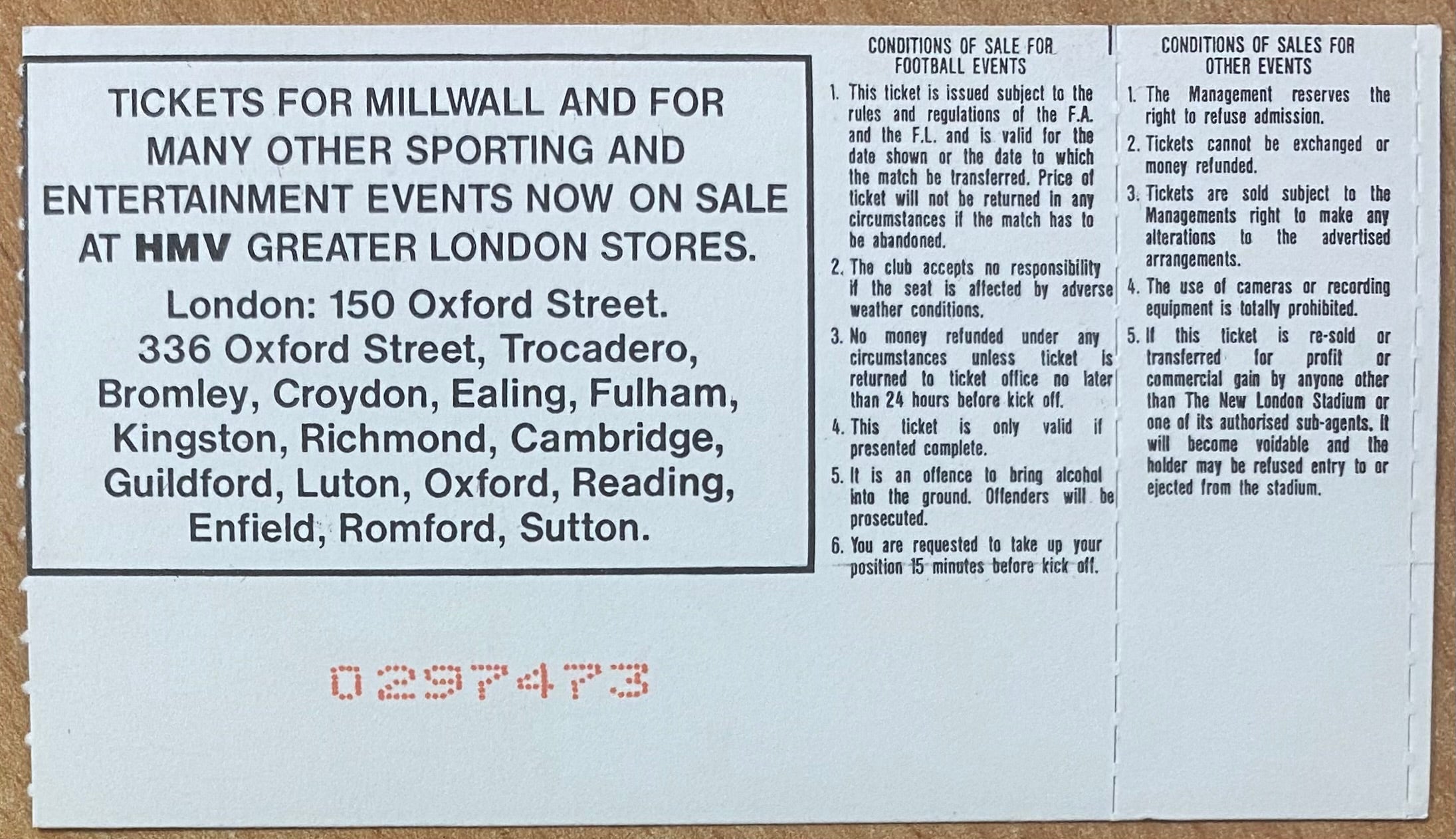 1993/94 ORIGINAL DIVISION 1 TICKET MILLWALL V SUNDERLAND