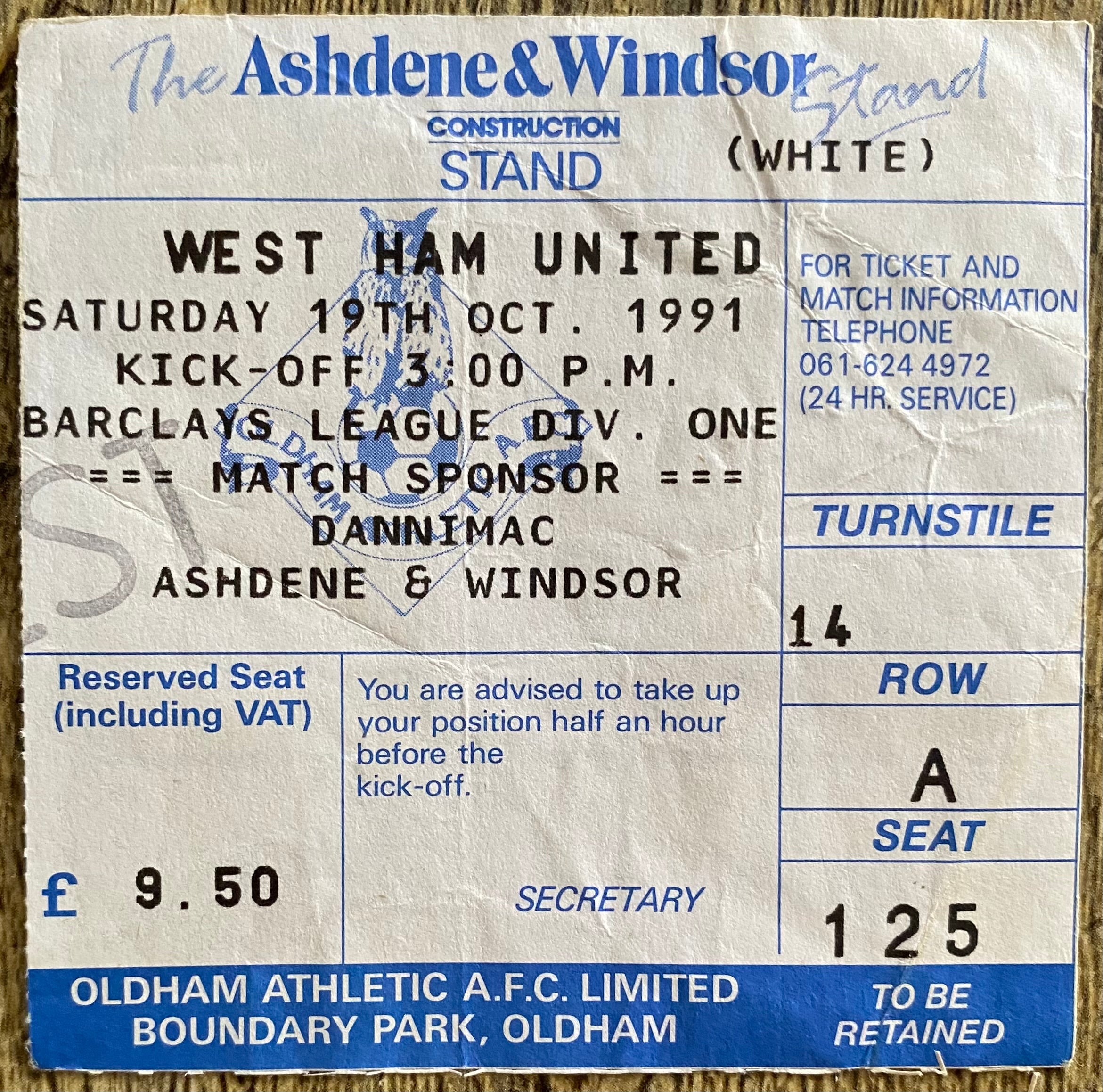 1991/92 ORIGINAL DIVISION 1 TICKET OLDHAM ATHLETIC V WEST HAM UNITED