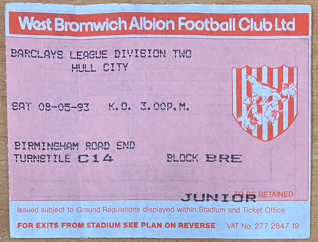1992/93 ORIGINAL DIVISION 2 TICKET WEST BROMWICH ALBION V HULL CITY