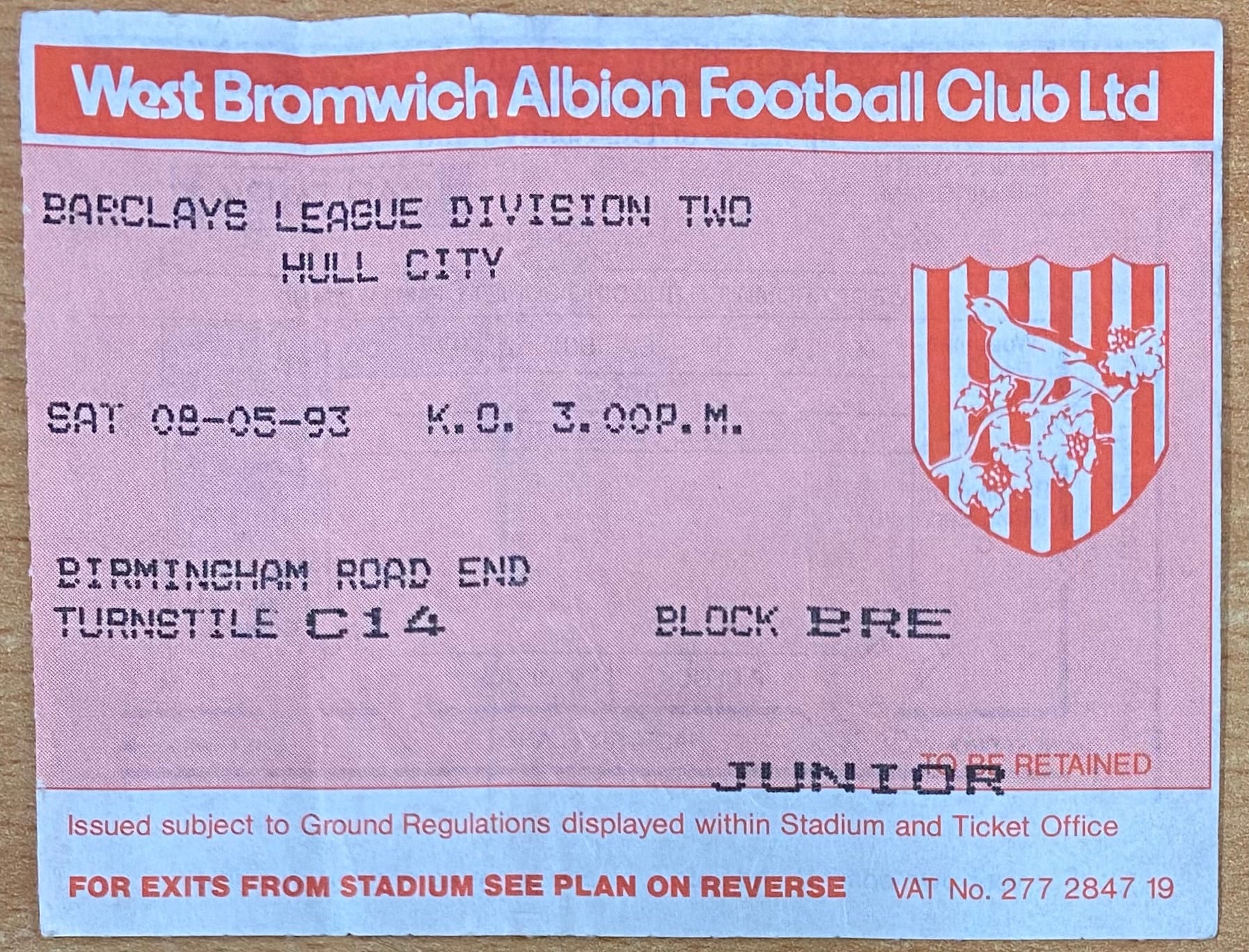 1992/93 ORIGINAL DIVISION 2 TICKET WEST BROMWICH ALBION V HULL CITY
