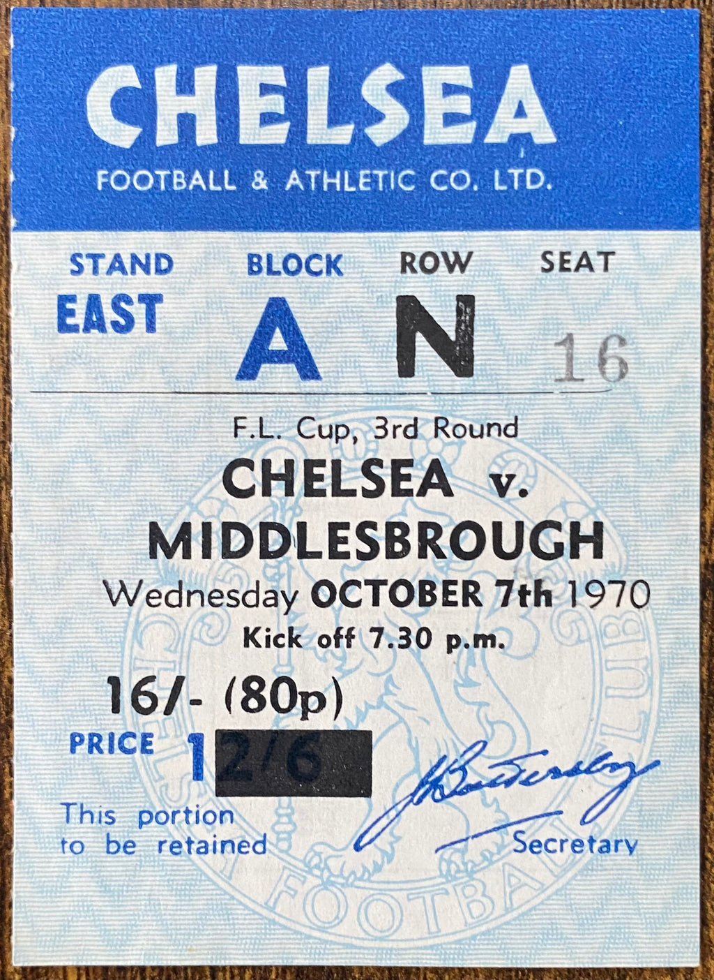 1970/71 ORIGINAL LEAGUE CUP 3RD ROUND TICKET CHELSEA V MIDDLESBROUGH