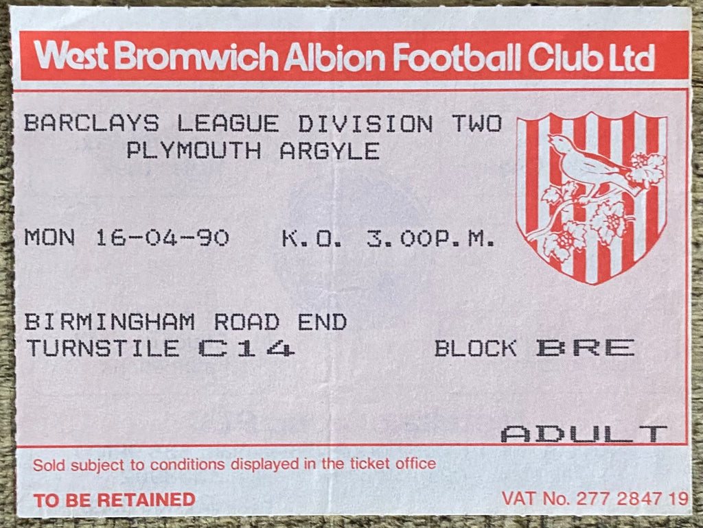 1989/90 ORIGINAL DIVISION 2 TICKET WEST BROMWICH ALBION V PLYMOUTH ARGYLE