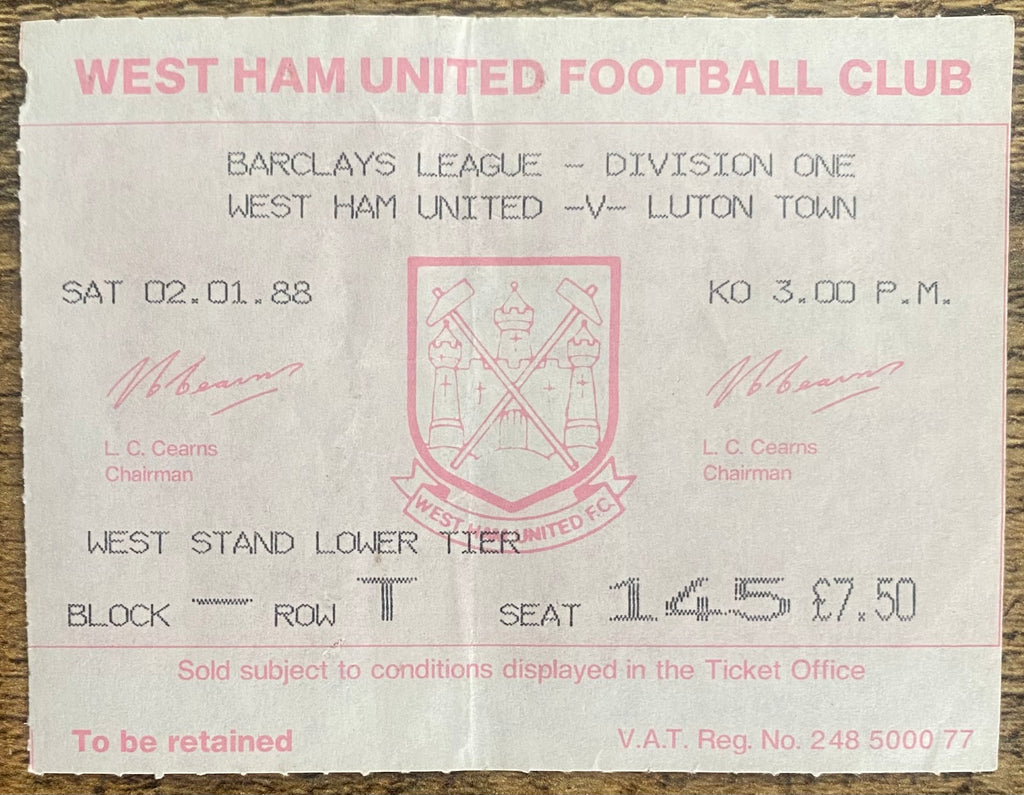 1987/88 ORIGINAL DIVISION ONE TICKET WEST HAM UNITED V LUTON TOWN