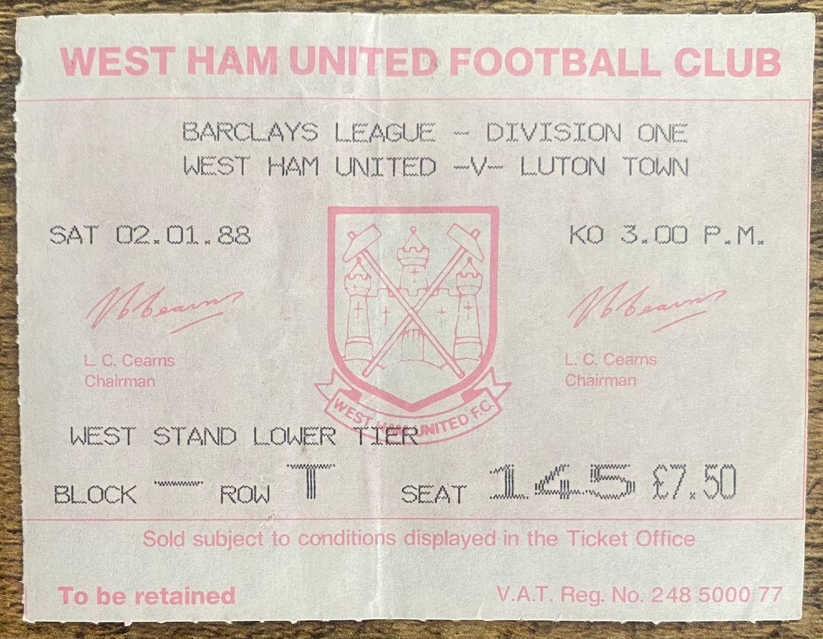 1987/88 ORIGINAL DIVISION ONE TICKET WEST HAM UNITED V LUTON TOWN
