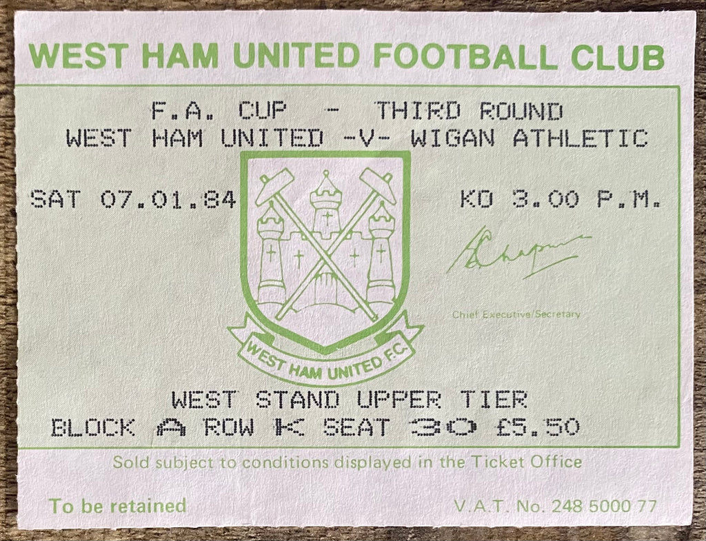 1983/84 ORIGINAL FA CUP 3RD ROUND TICKET WEST HAM UNITED V WIGAN ATHLETIC