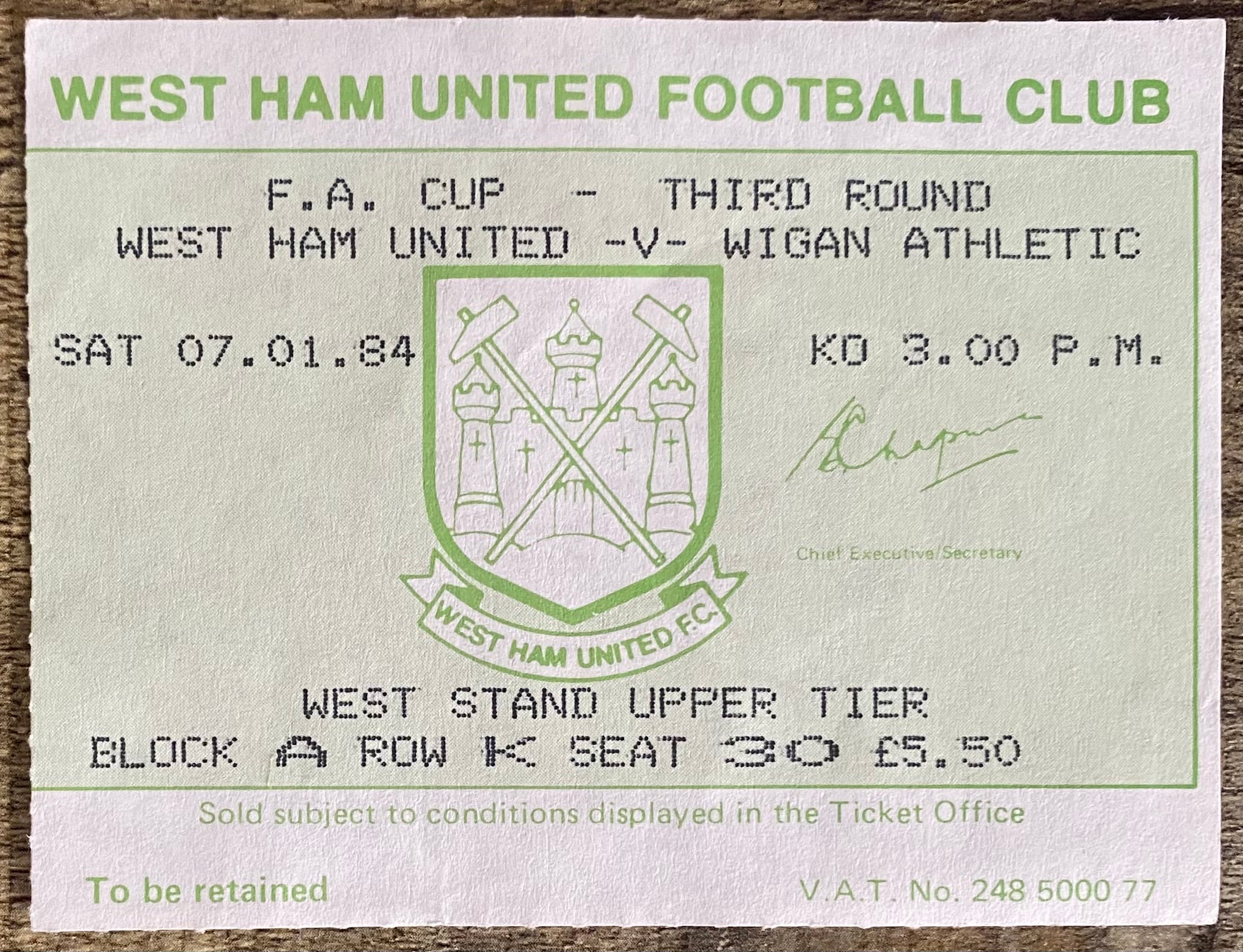 1983/84 ORIGINAL FA CUP 3RD ROUND TICKET WEST HAM UNITED V WIGAN ATHLETIC