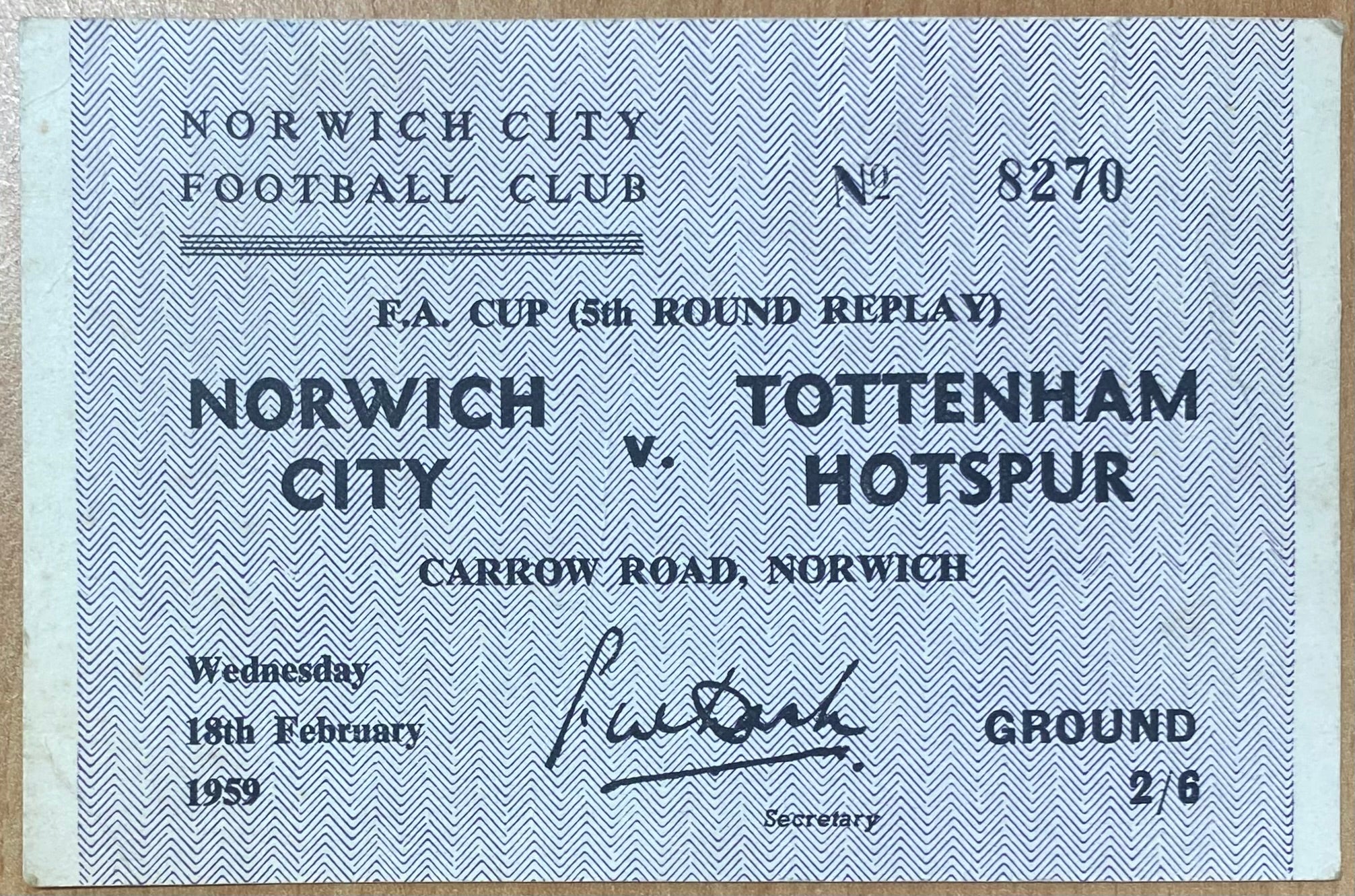 1958/59 ORIGINAL FA CUP 5TH ROUND REPLAY TICKET NORWICH CITY V TOTTENHAM HOTSPUR
