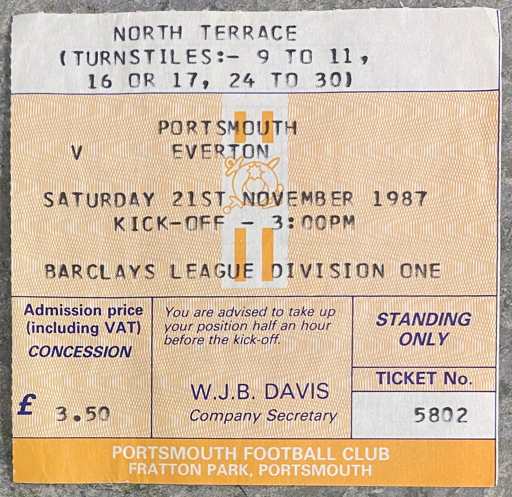 1987/88 ORIGINAL DIVISION 1 TICKET PORTSMOUTH V EVERTON