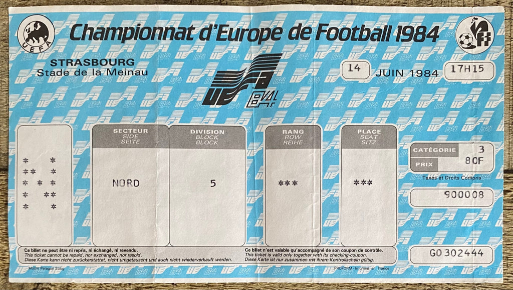 1984 ORIGINAL EURO 84 1ST ROUND TICKET WEST GERMANY V PORTUGAL @ STRASBOURG