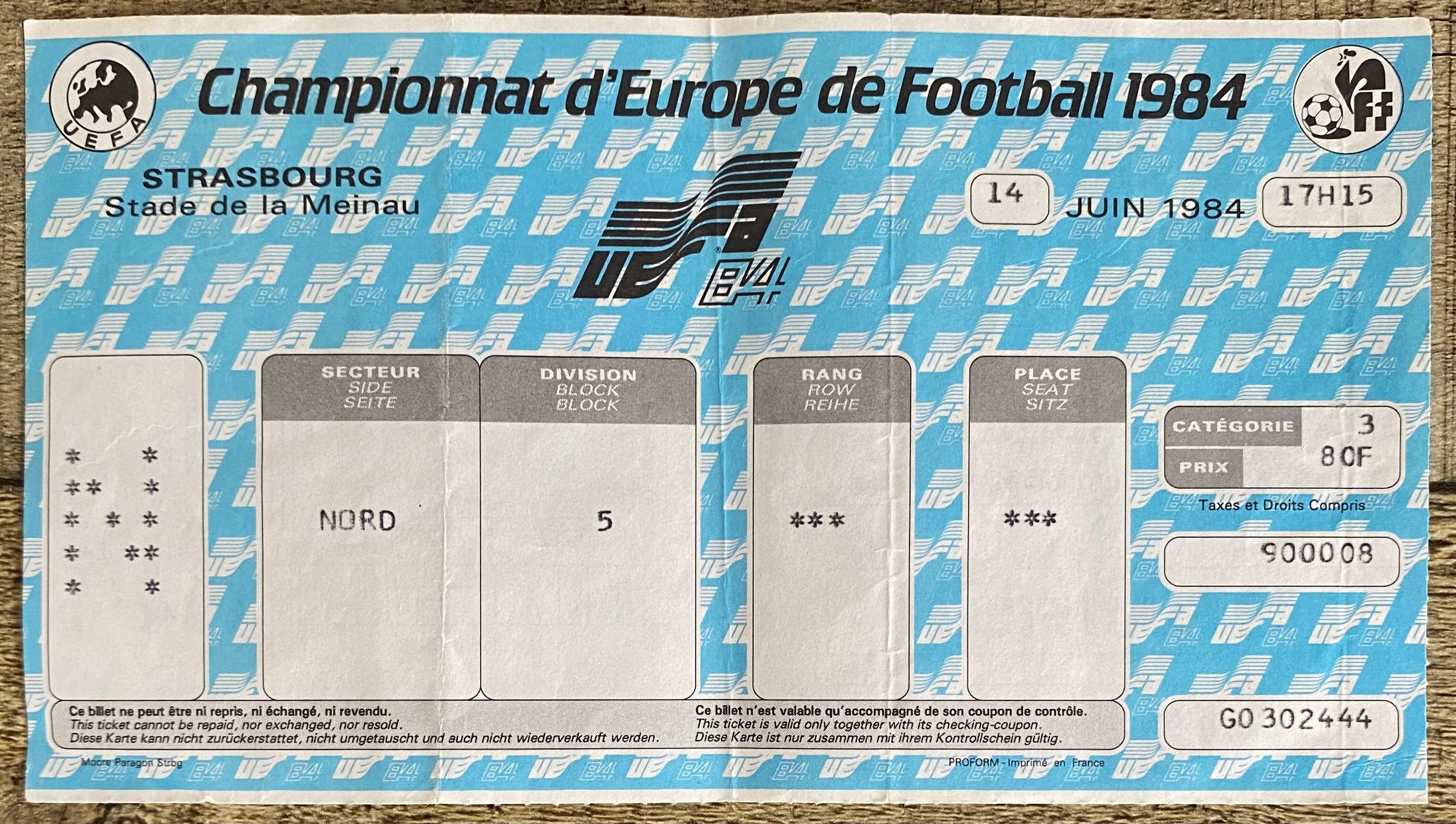1984 ORIGINAL EURO 84 1ST ROUND TICKET WEST GERMANY V PORTUGAL @ STRASBOURG