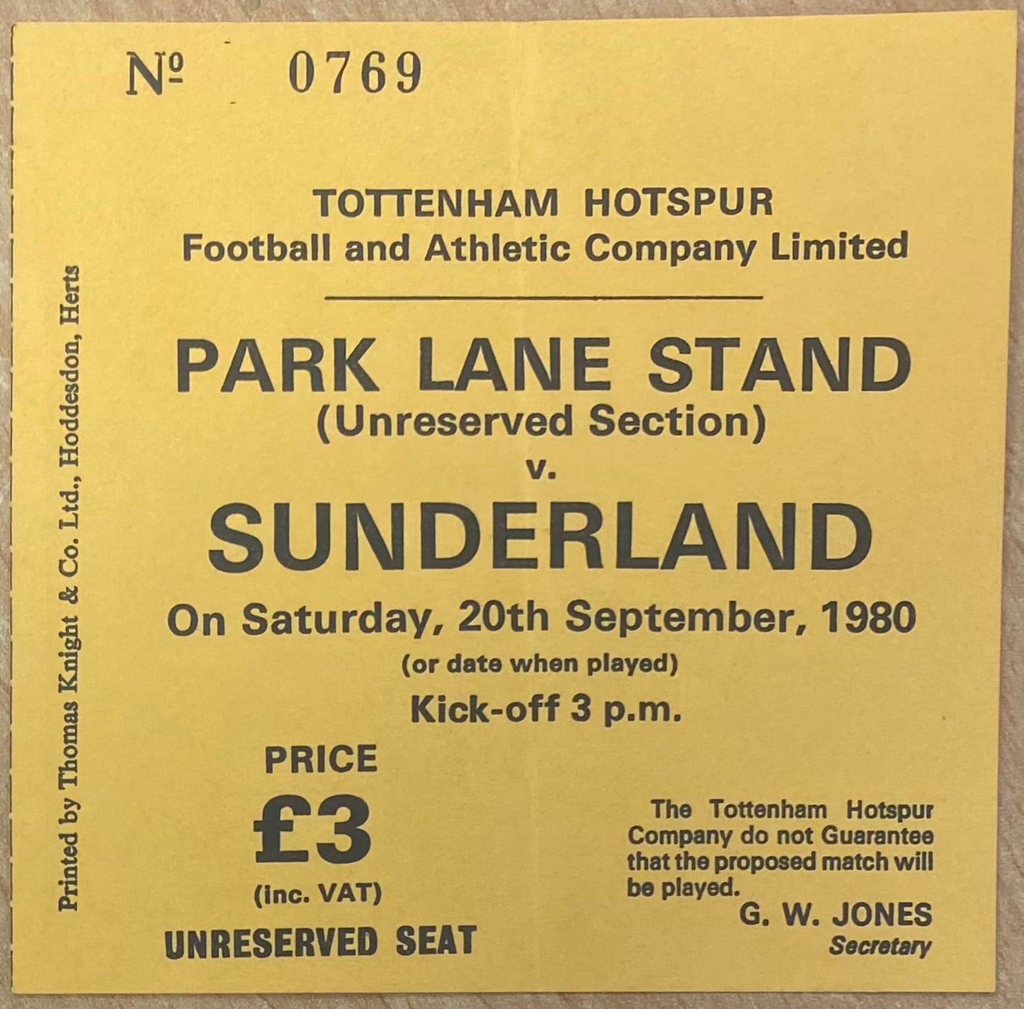 1980/81 ORIGINAL DIVISION ONE TICKET TOTTENHAM HOTSPUR V SUNDERLAND