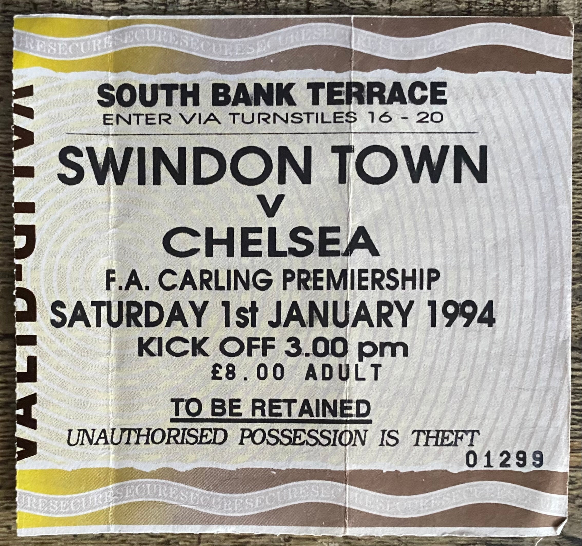 1993/94 ORIGINAL FA PREMIERSHIP TICKET SWINDON TOWN V CHELSEA