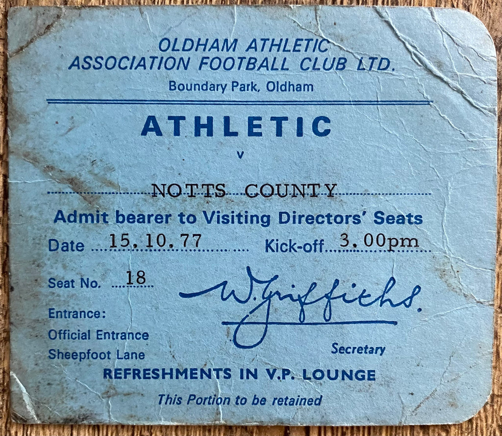 1977/78 ORIGINAL DIVISION 2 TICKET OLDHAM ATHLETIC V NOTTS COUNTY