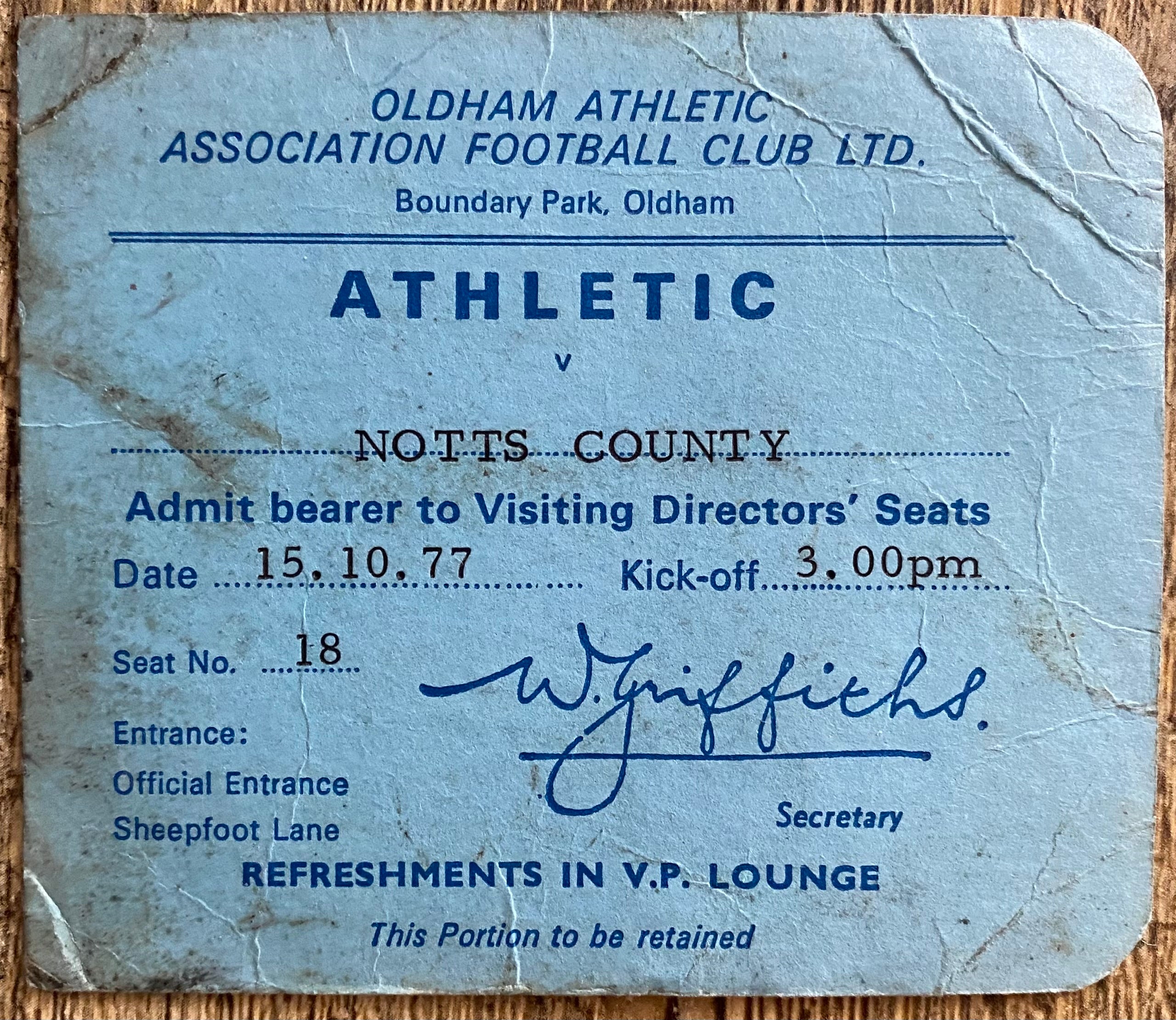 1977/78 ORIGINAL DIVISION 2 TICKET OLDHAM ATHLETIC V NOTTS COUNTY