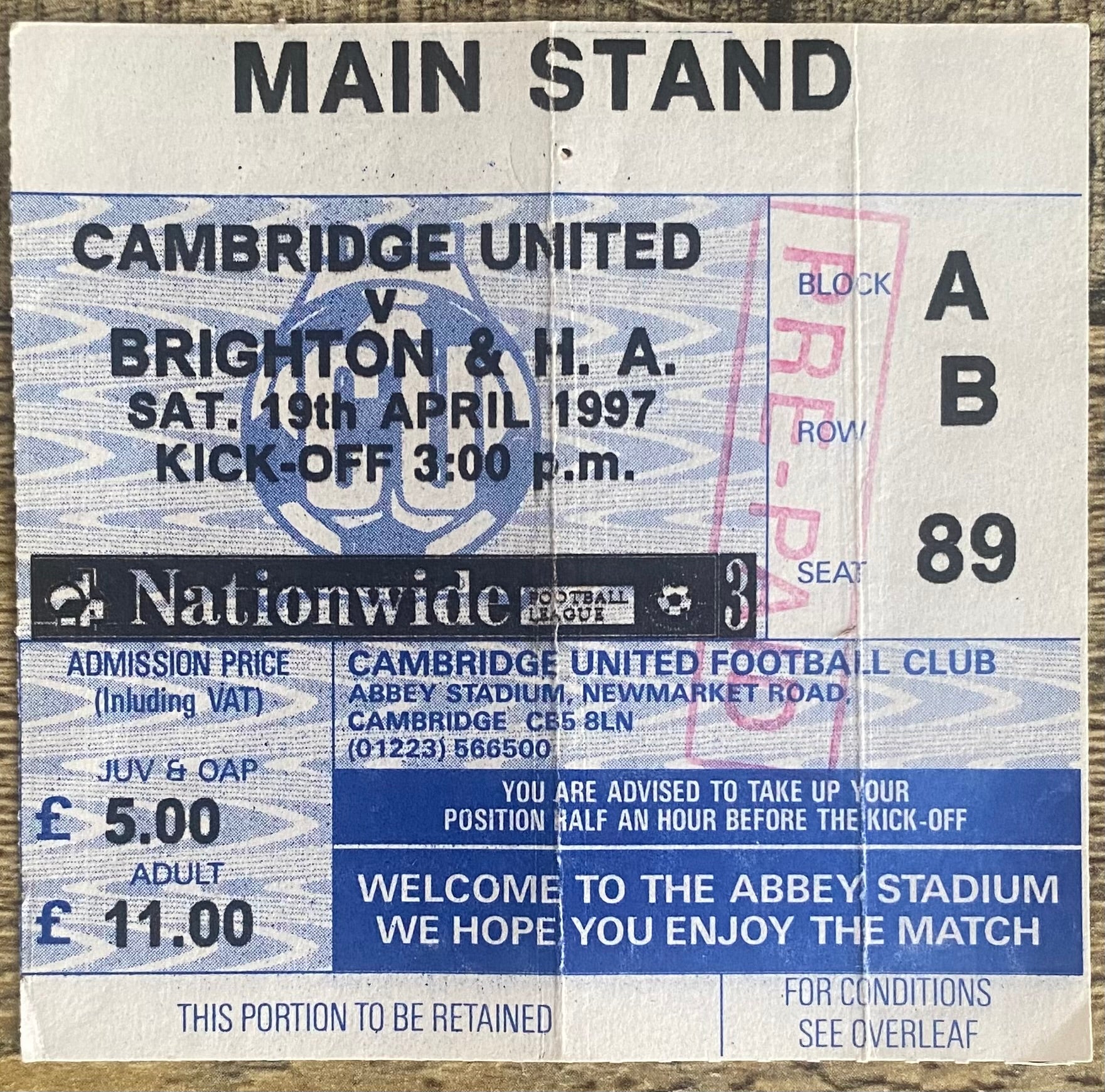 1996/97 ORIGINAL DIVISION 3 TICKET CAMBRIDGE UNITED V BRIGHTON AND HOVE ALBION