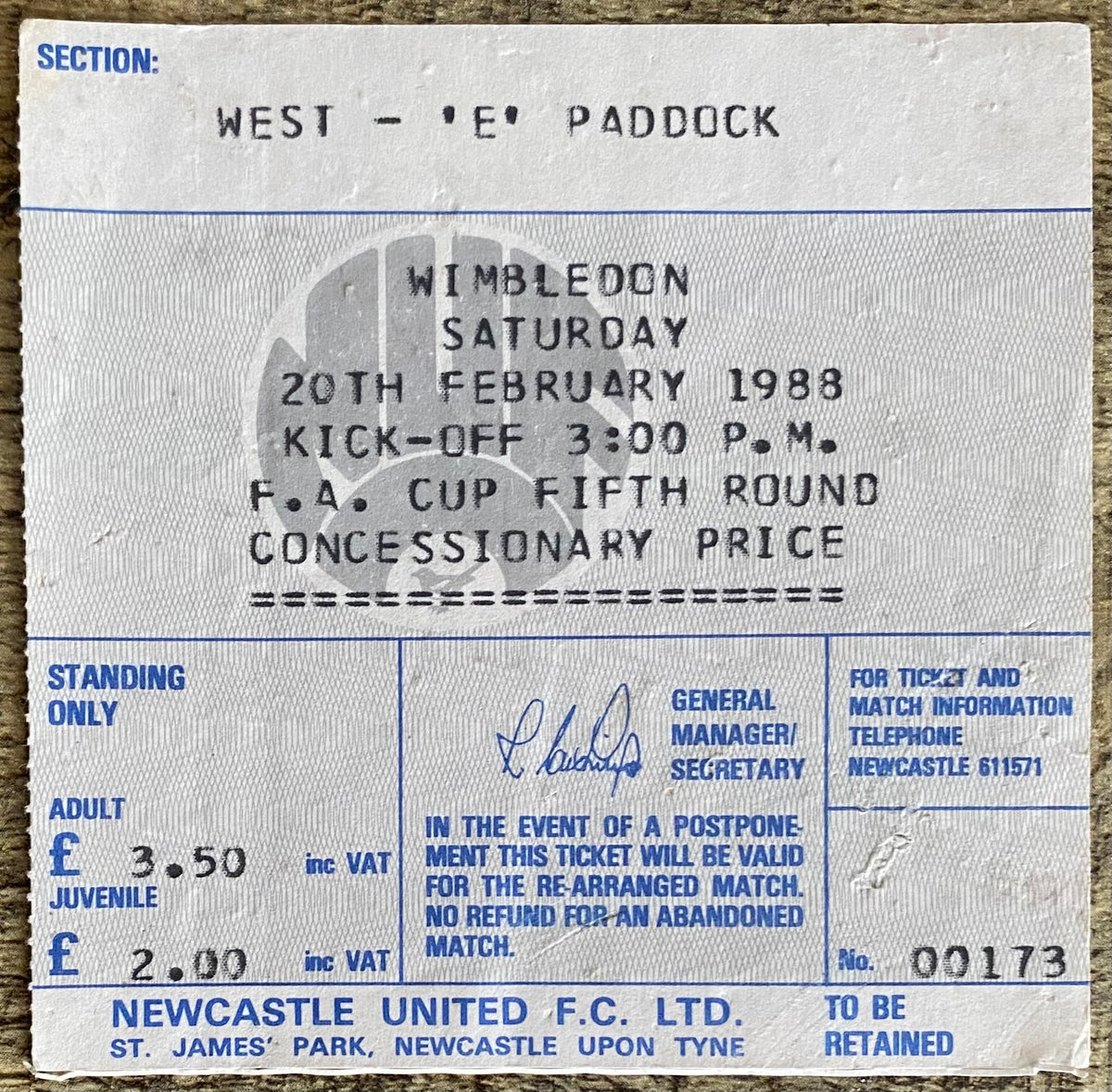1987/88 ORIGINAL FA CUP 5TH ROUND TICKET NEWCASTLE UNITED V WIMBLEDON