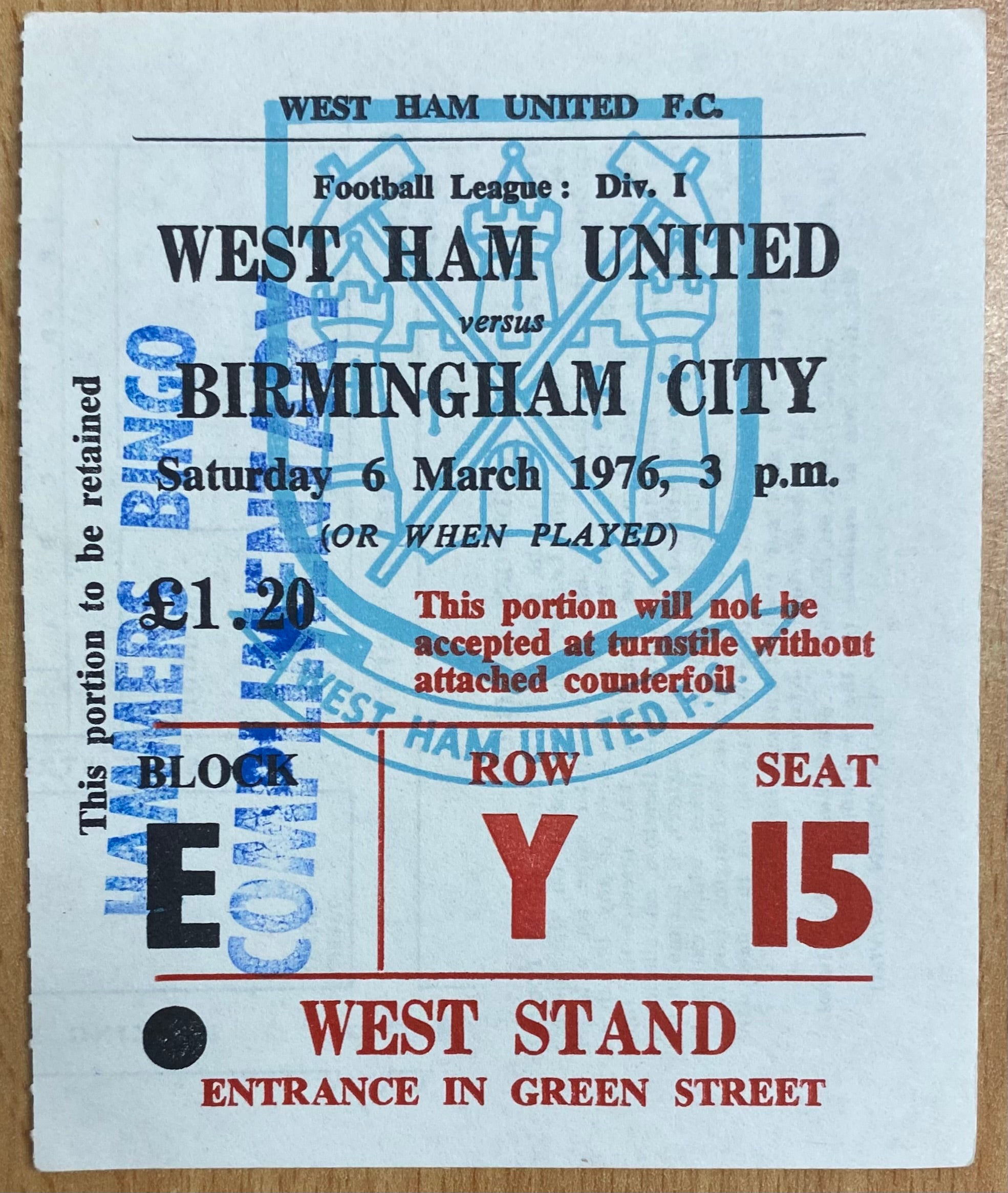 1975/76 ORIGINAL DIVISION ONE TICKET WEST HAM UNITED V BIRMINGHAM CITY