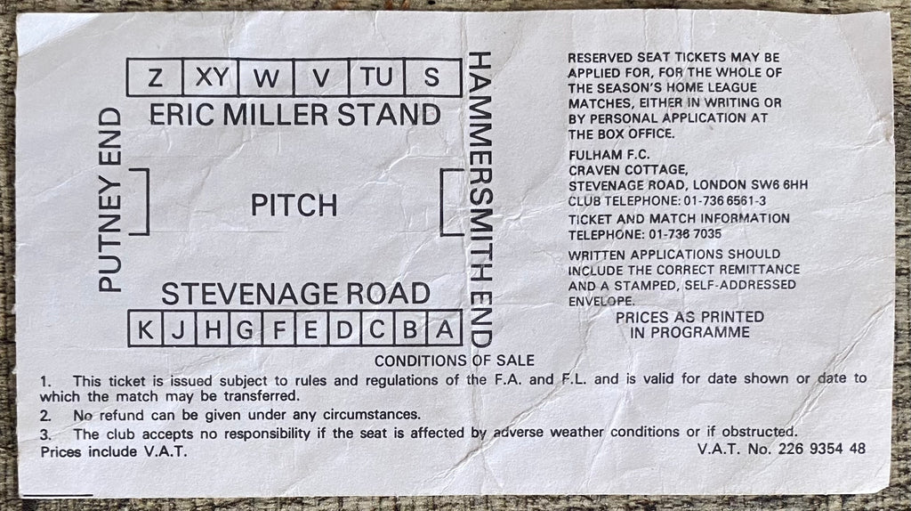 1980/81 ORIGINAL DIVISION 3 TICKET FULHAM V PORTSMOUTH
