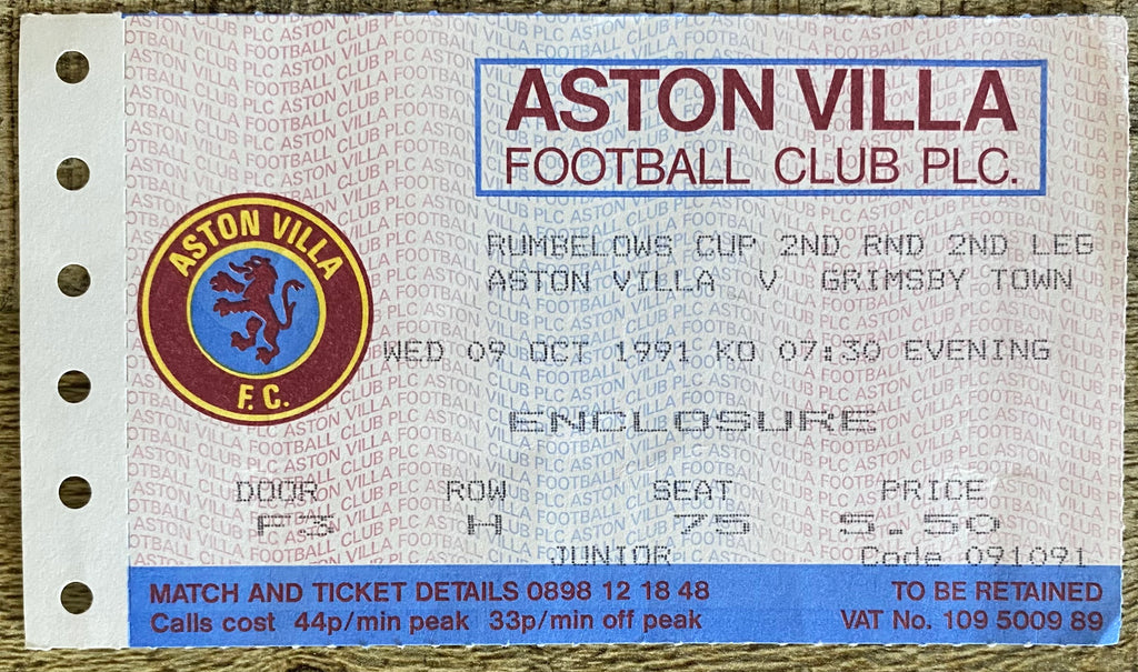 1991/92 ORIGINAL RUMBELOWS CUP 2ND ROUND 2ND LEG TICKET ASTON VILLA V GRIMSBY TOWN