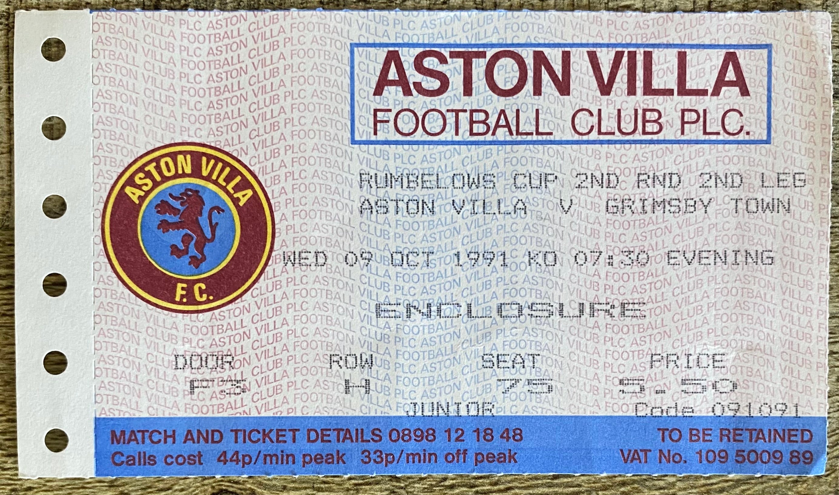 1991/92 ORIGINAL RUMBELOWS CUP 2ND ROUND 2ND LEG TICKET ASTON VILLA V GRIMSBY TOWN