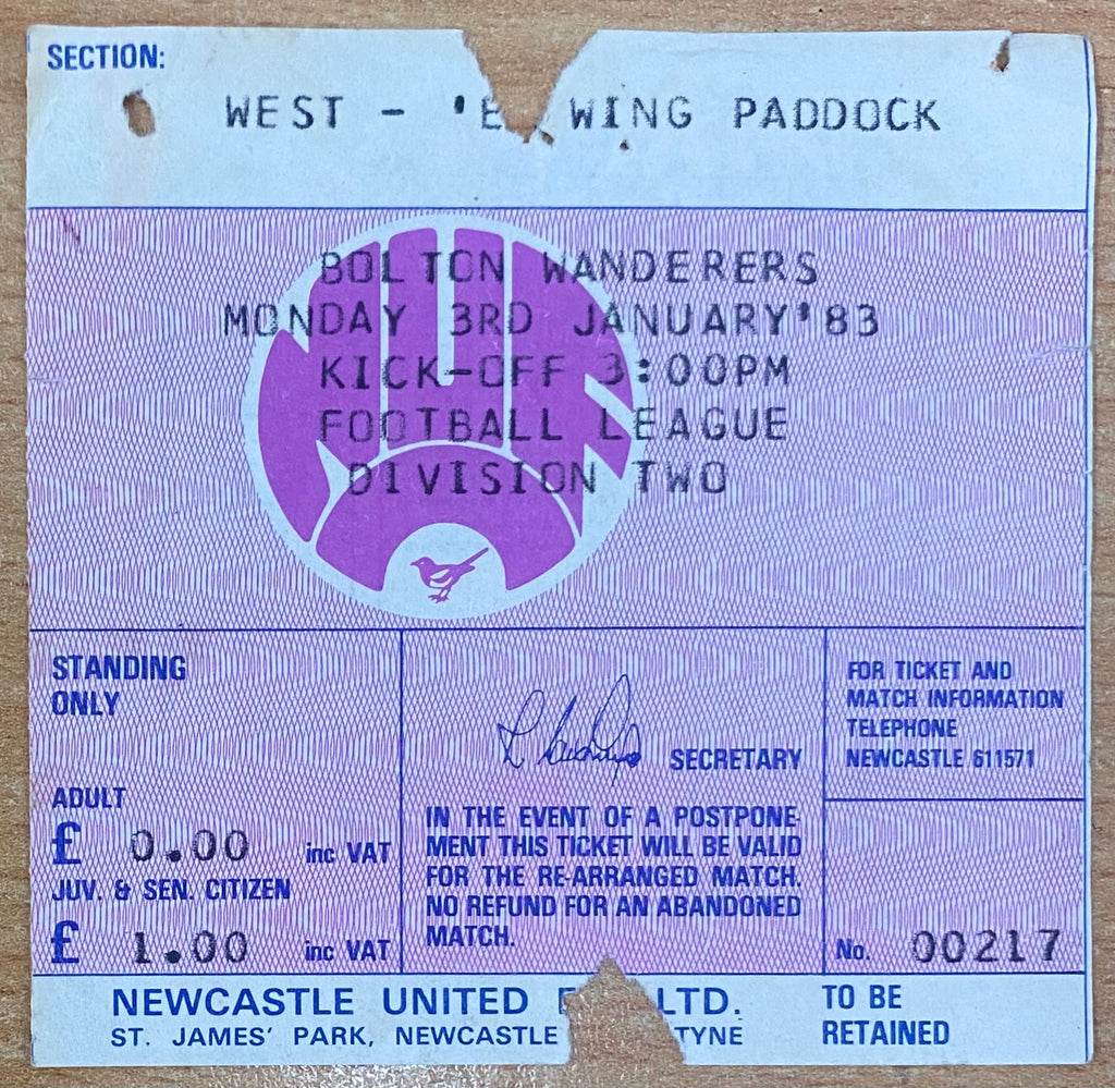 1982/83 ORIGINAL DIVISION TWO TICKET NEWCASTLE UNITED V BOLTON WANDERERS