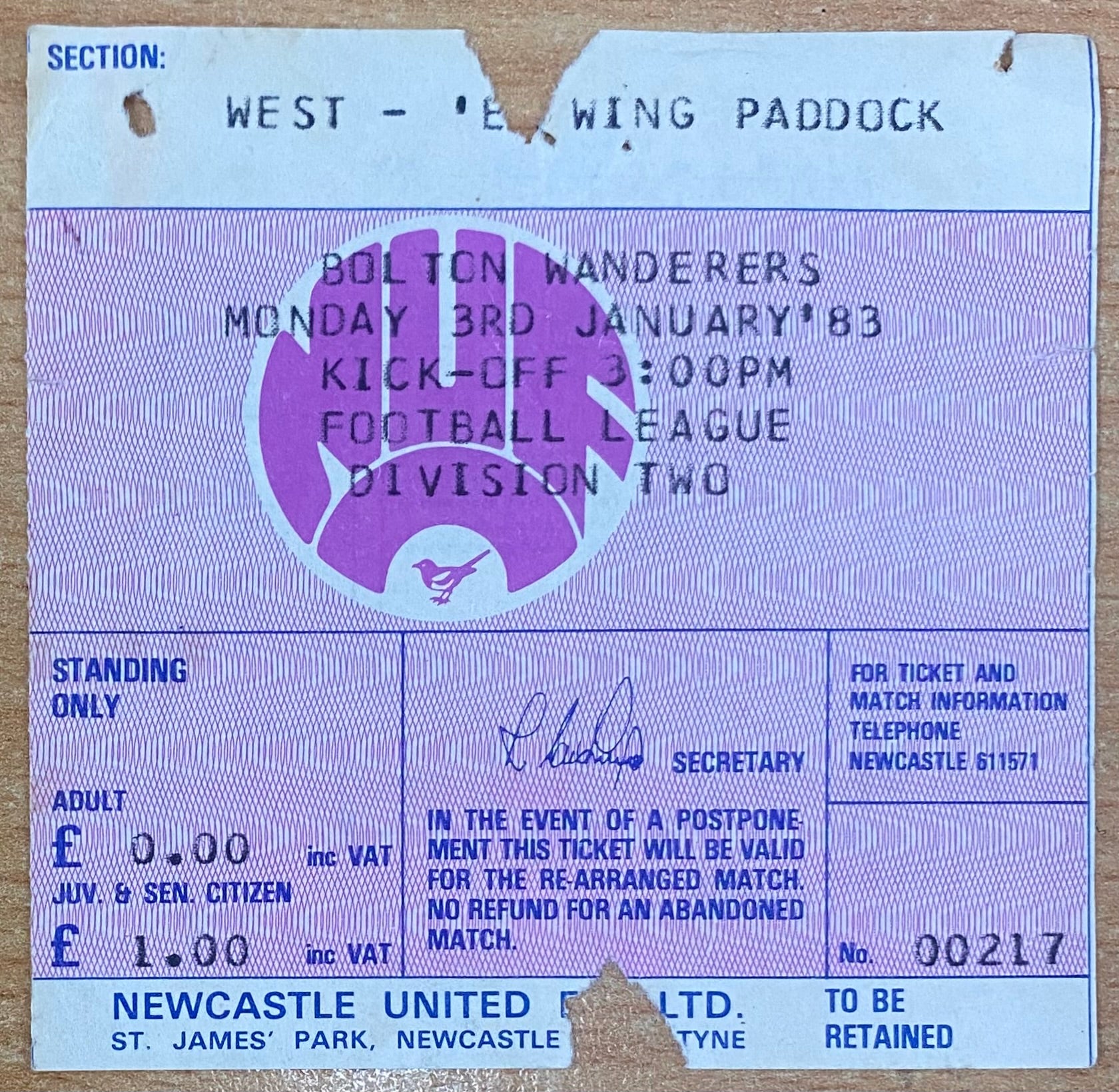 1982/83 ORIGINAL DIVISION TWO TICKET NEWCASTLE UNITED V BOLTON WANDERERS