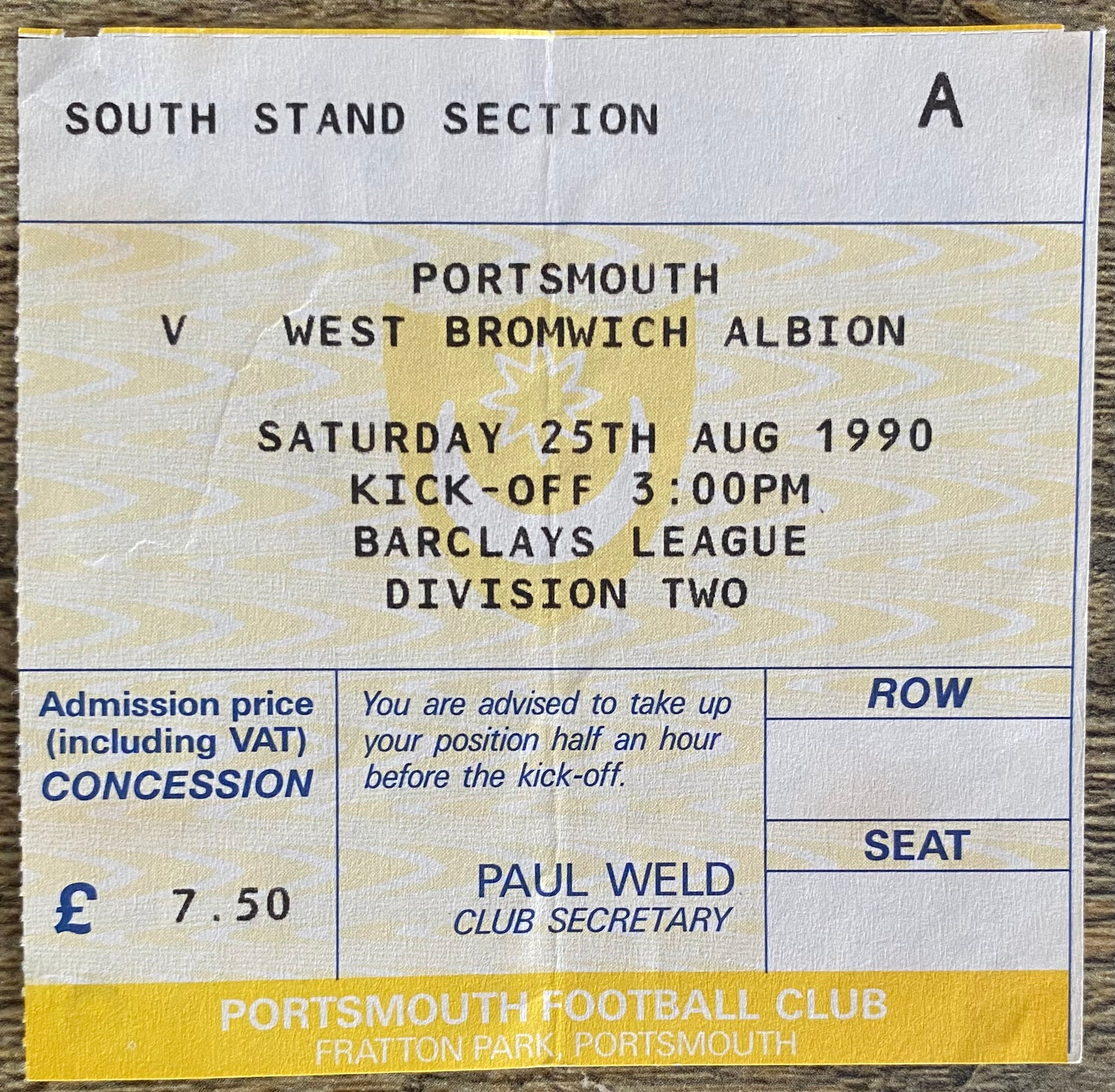 1990/91 ORIGINAL DIVISION 2 TICKET MIDDLESBROUGH V WEST BROMWICH ALBION