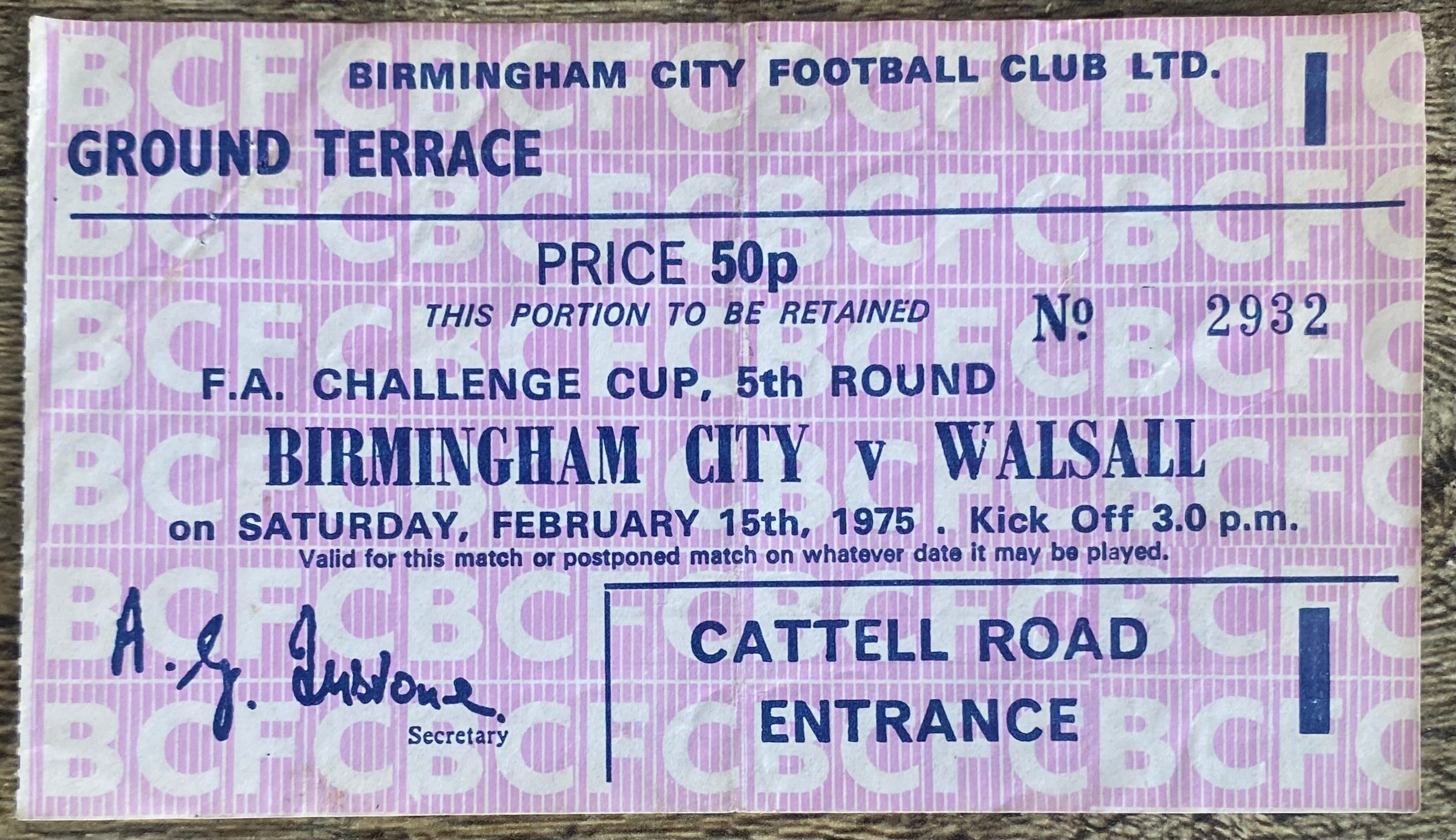 1974/75 ORIGINAL FA CUP 5TH ROUND TICKET BIRMINGHAM CITY V WALSALL