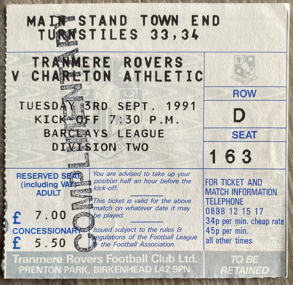 1991/92 ORIGINAL DIVISION 2 TICKET TRANMERE ROVERS V CHARLTON ATHLETIC