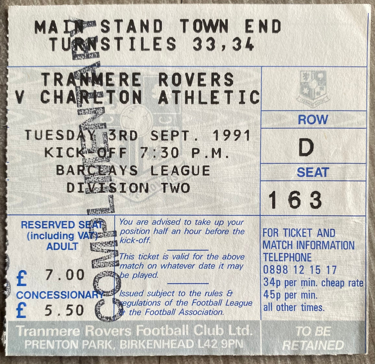 1991/92 ORIGINAL DIVISION 2 TICKET TRANMERE ROVERS V CHARLTON ATHLETIC
