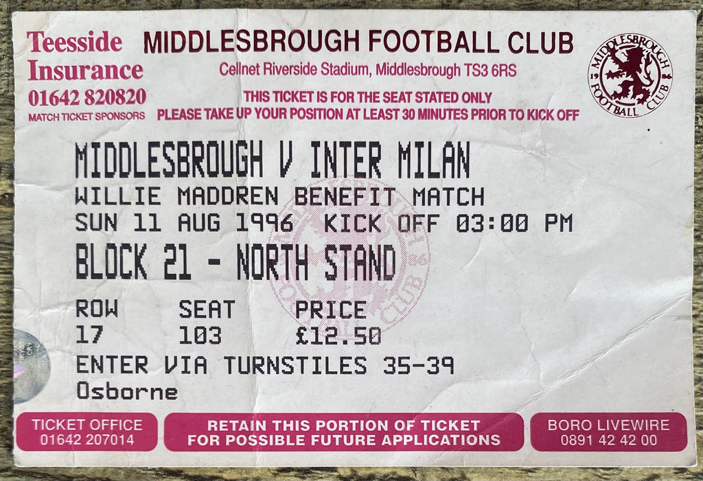1996 ORIGINAL WILLIE MADDREN TESTIMONIAL TICKET MIDDLESBROUGH V INTER MILAN