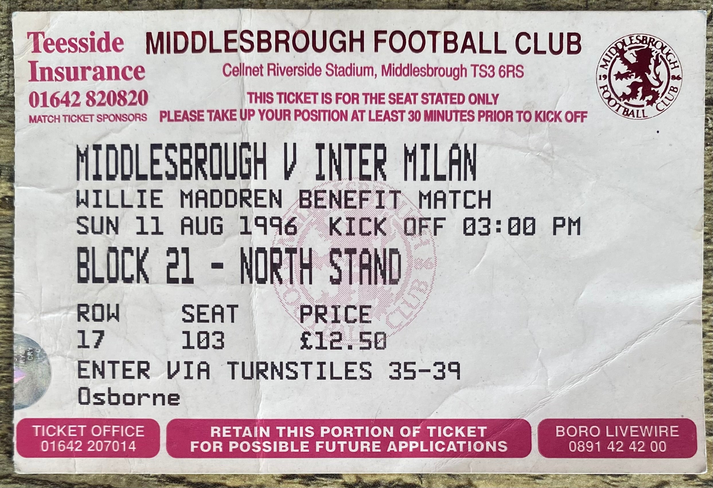 1996 ORIGINAL WILLIE MADDREN TESTIMONIAL TICKET MIDDLESBROUGH V INTER MILAN