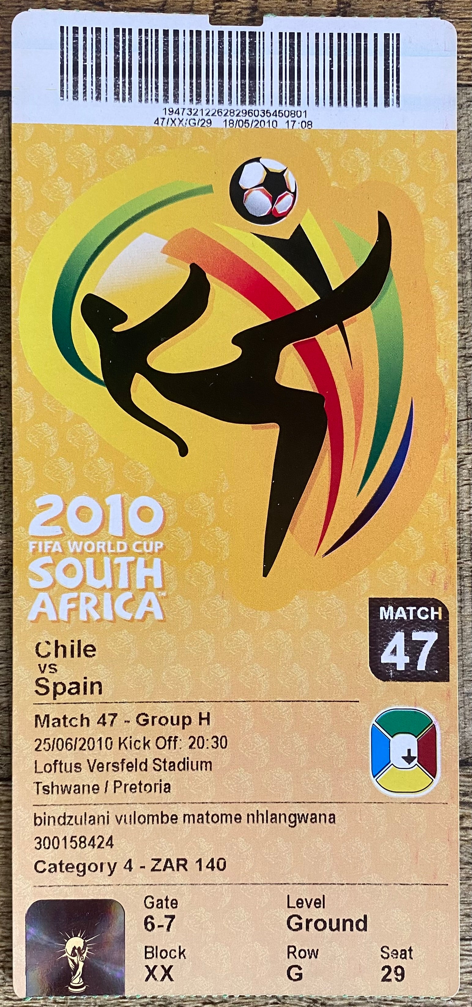 2010 ORIGINAL WORLD CUP 1ST ROUND TICKET CHILE V SPAIN @ PRETORIA