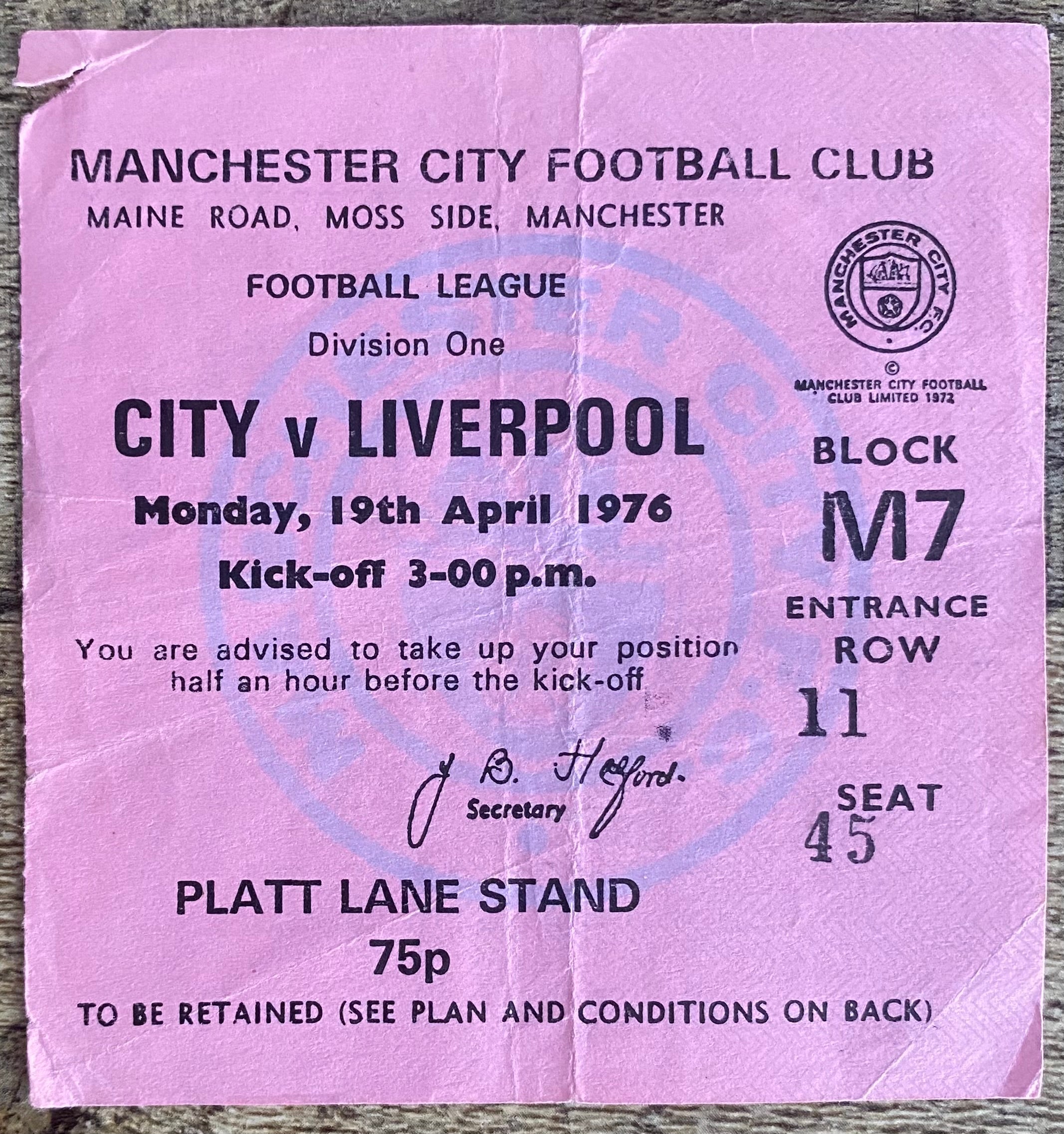 1975/76 ORIGINAL DIVISION ONE TICKET MANCHESTER CITY V LIVERPOOL
