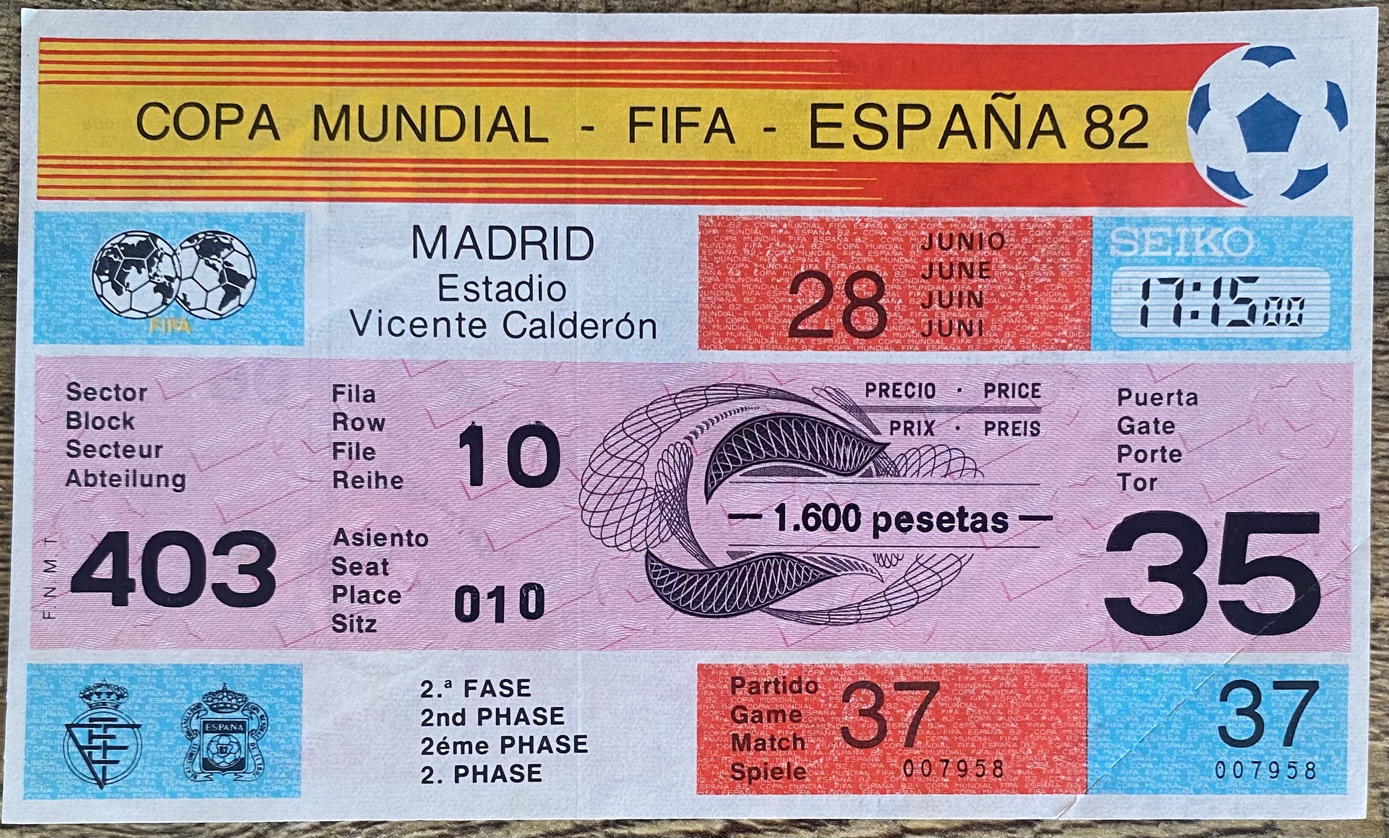 1982 ORIGINAL WORLD CUP 2ND PHASE UNUSED TICKET AUSTRIA V FRANCE @ MADRID