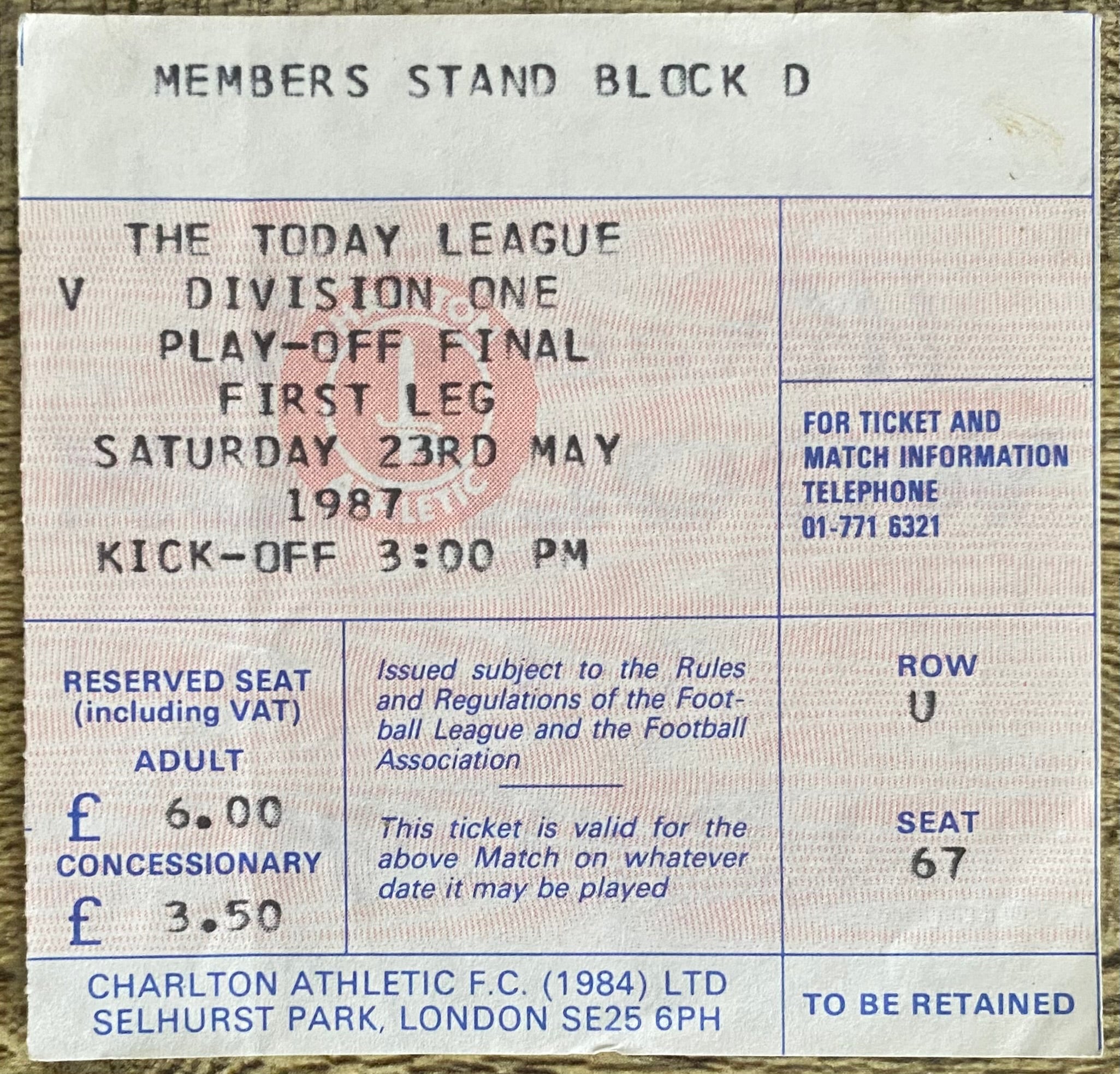 1986/87 ORIGINAL DIVISION 1 PLAY OFF FINAL 1ST LEG TICKET CHARLTON ATHLETIC V LEEDS UNITED