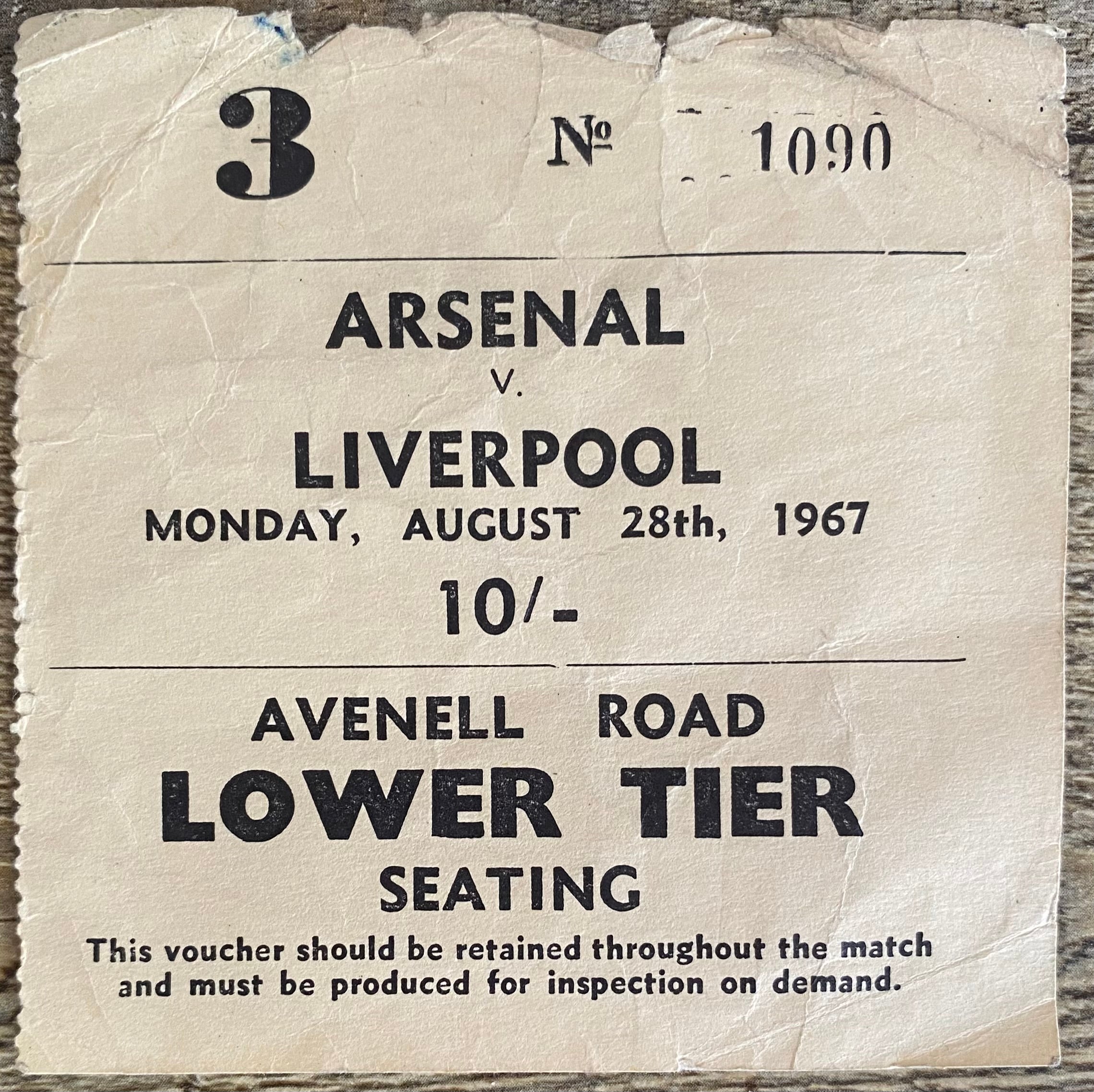 1967/68 ORIGINAL DIVISION ONE TICKET ARSENAL V LIVERPOOL