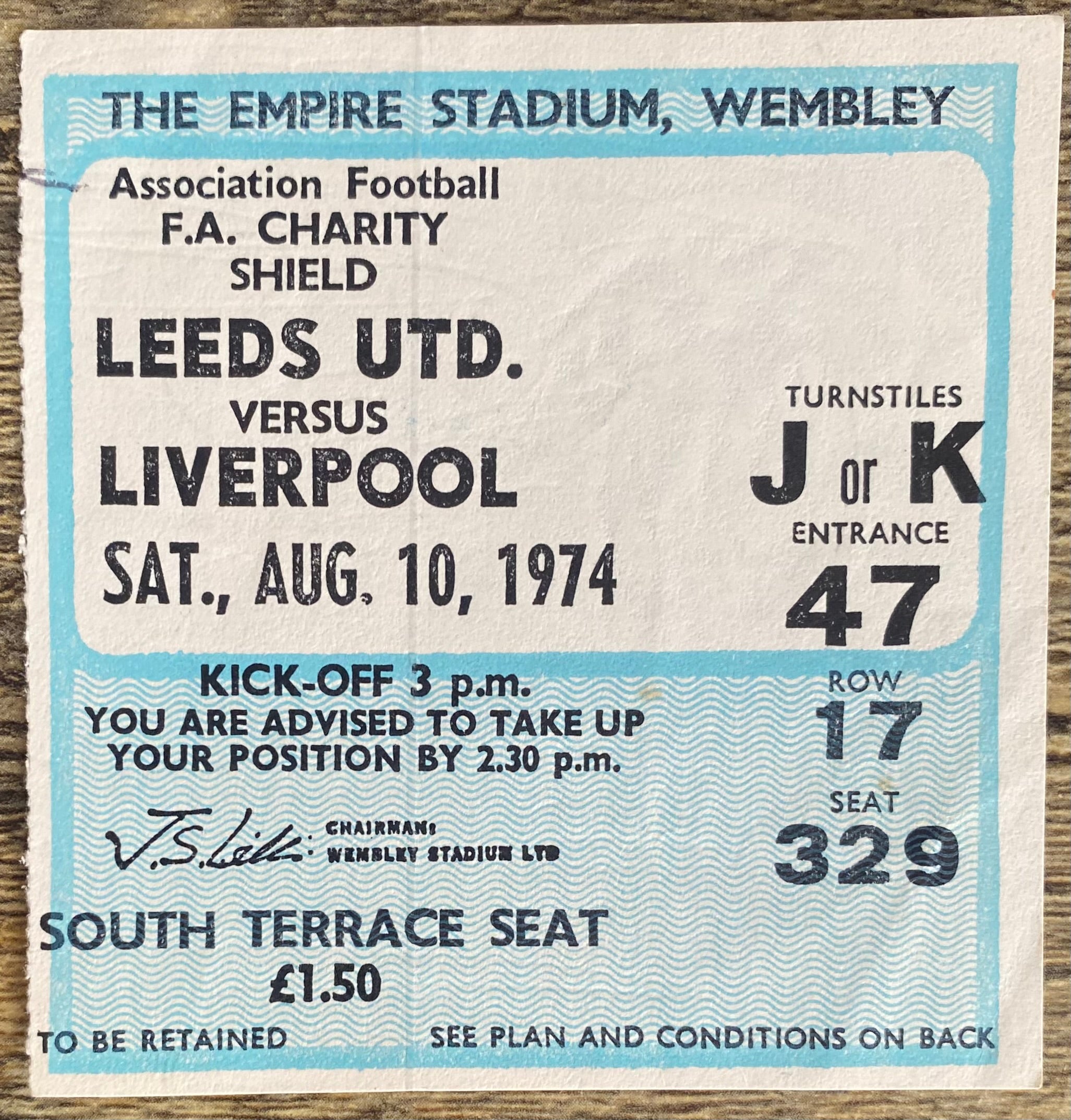 1974 ORIGINAL CHARITY SHIELD TICKET LIVERPOOL V LEEDS UNITED