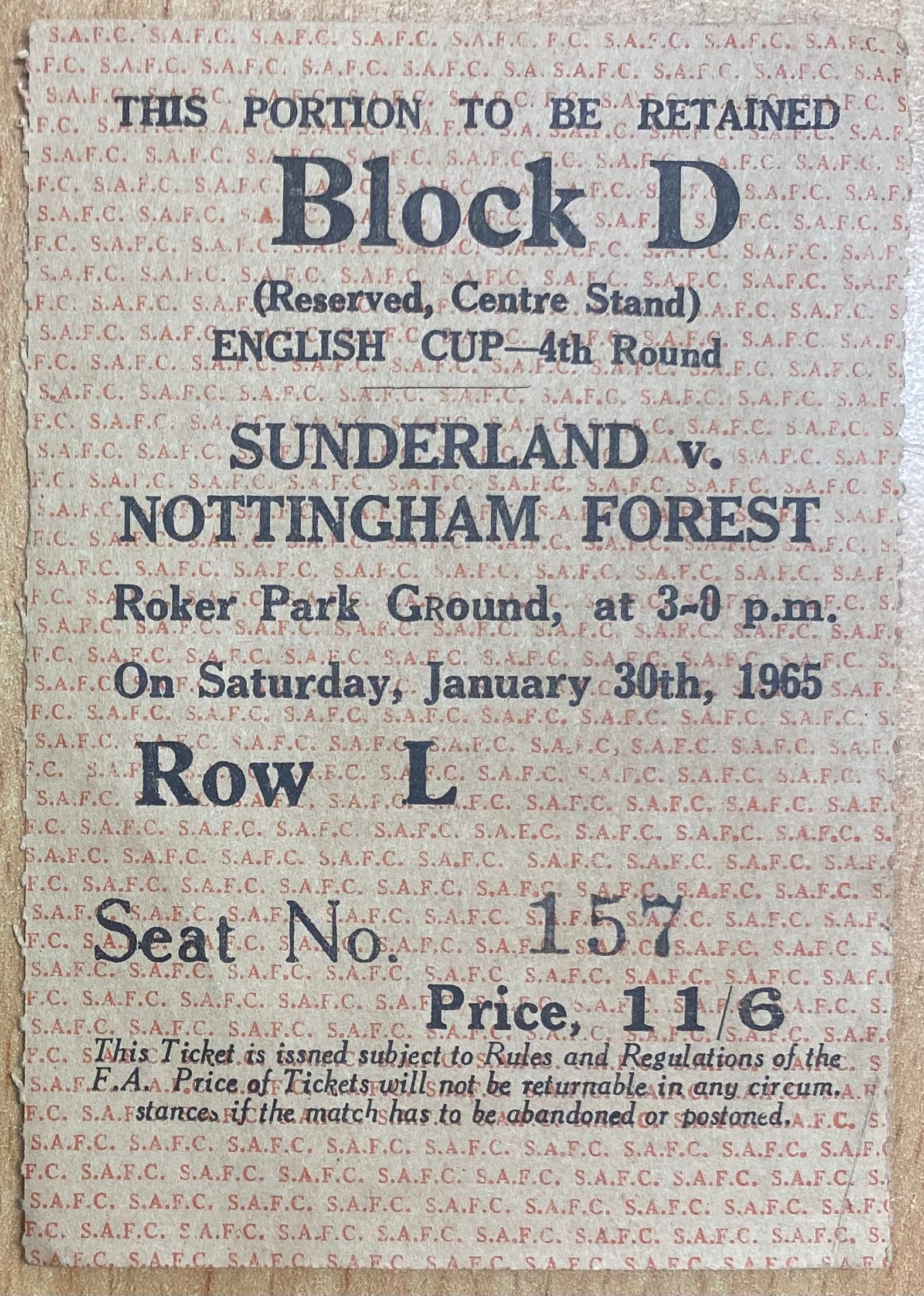 1964/65 ORIGINAL FA CUP 4TH ROUND TICKET SUNDERLAND V NOTTINGHAM FOREST
