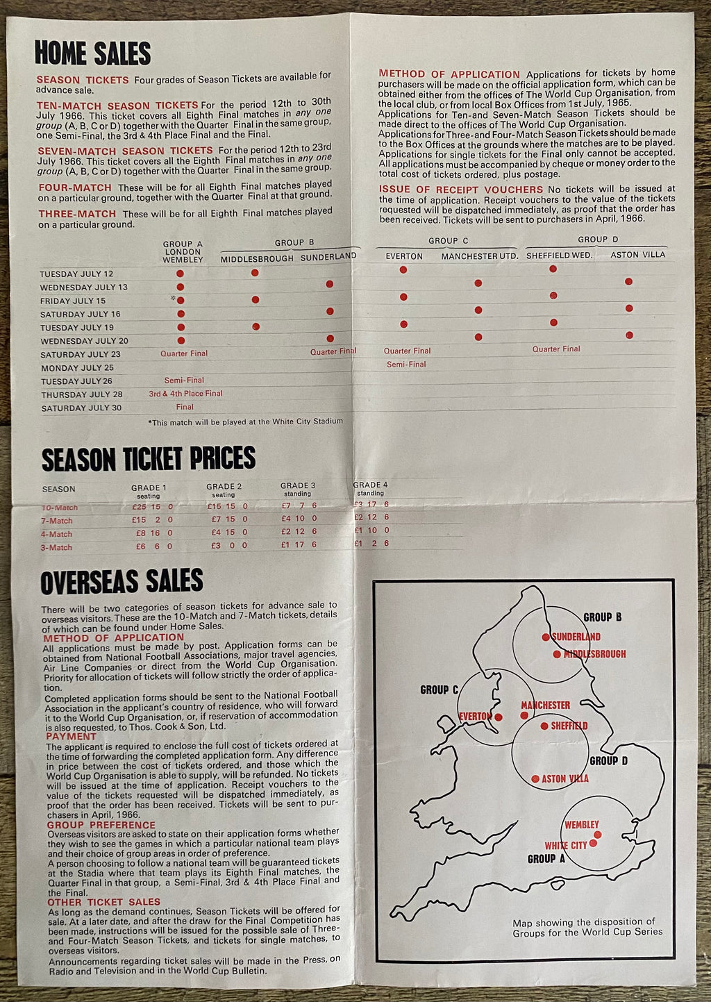 1966 WORLD CUP ORIGINAL OFFICIAL TICKET INFORMATION FOLD OUT BOOKLET