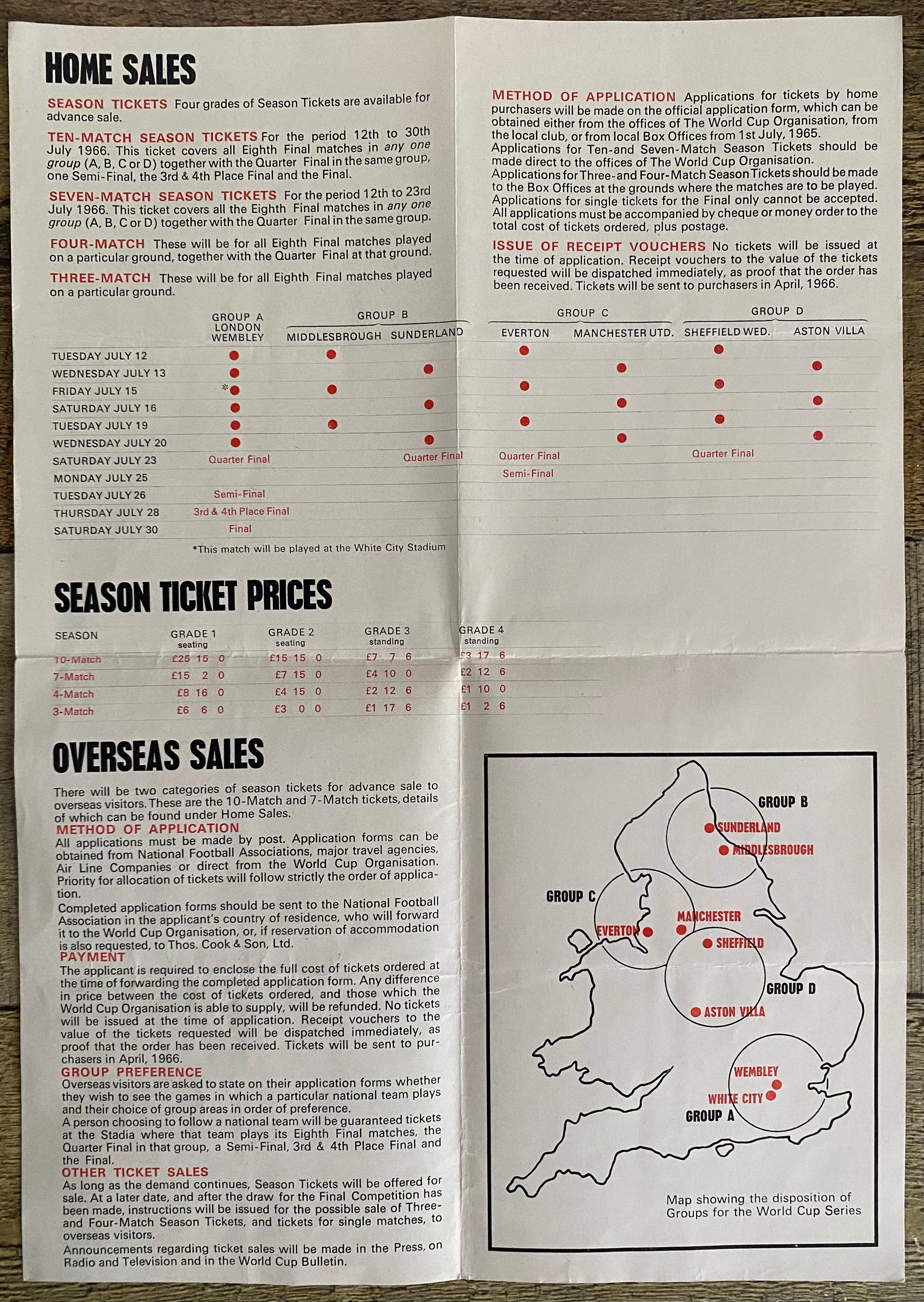 1966 WORLD CUP ORIGINAL OFFICIAL TICKET INFORMATION FOLD OUT BOOKLET
