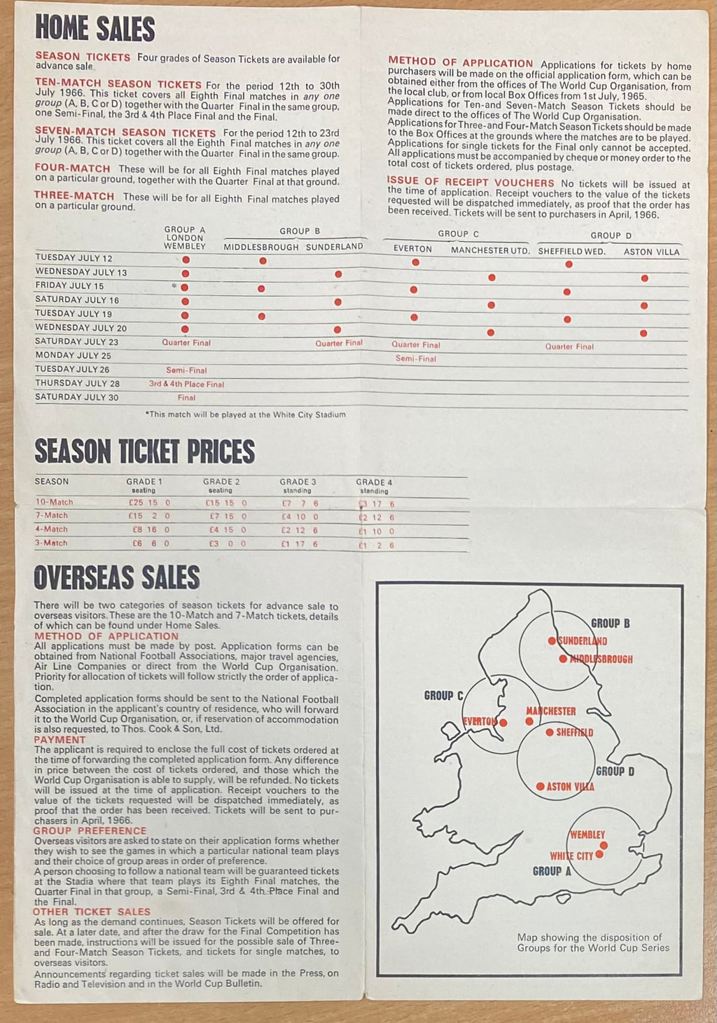 1966 WORLD CUP ORIGINAL OFFICIAL TICKET INFORMATION FOLD OUT BOOKLET