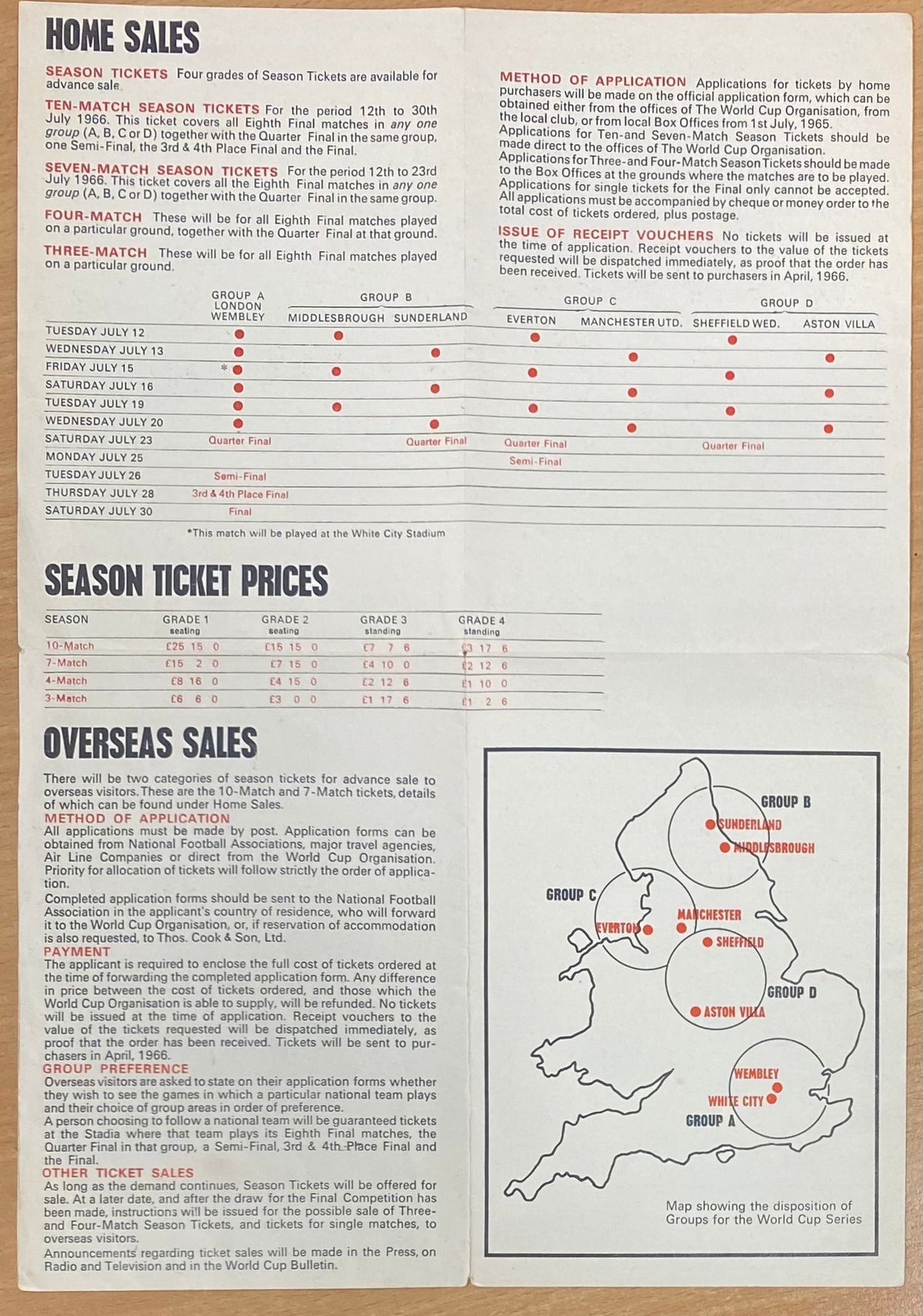 1966 WORLD CUP ORIGINAL OFFICIAL TICKET INFORMATION FOLD OUT BOOKLET
