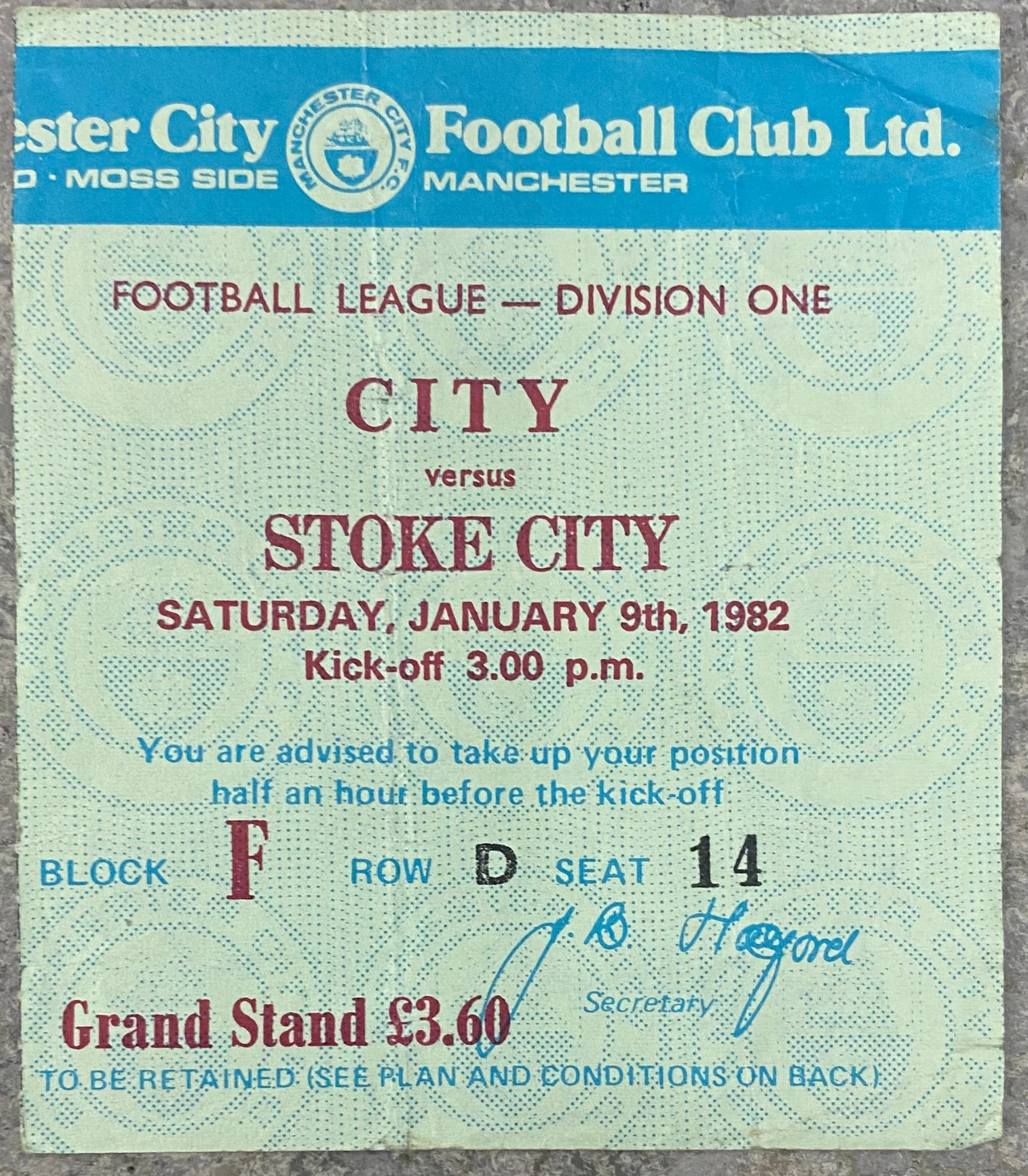 1981/82 ORIGINAL DIVISION 1 TICKET MANCHESTER CITY V STOKE CITY