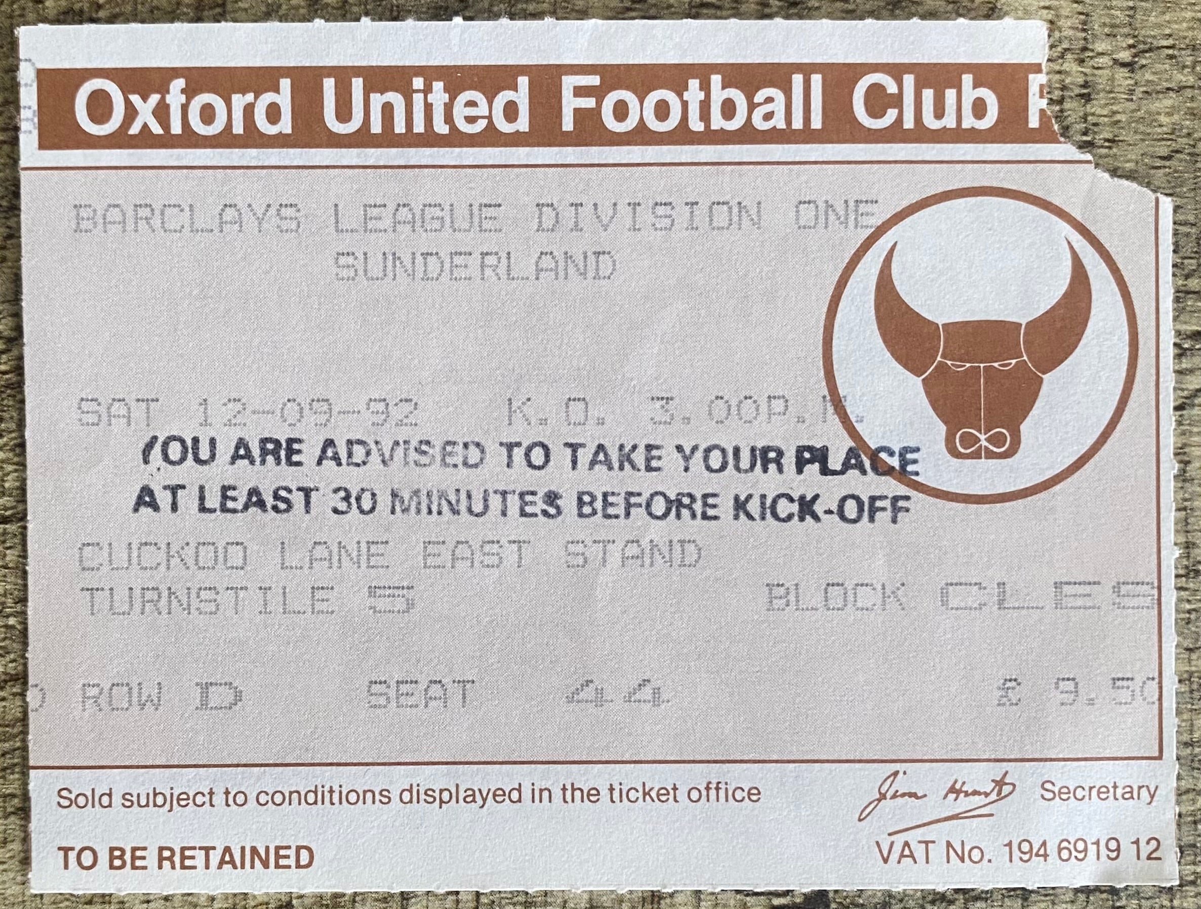 1992/93 ORIGINAL DIVISION 1 TICKET OXFORD UNITED V SUNDERLAND