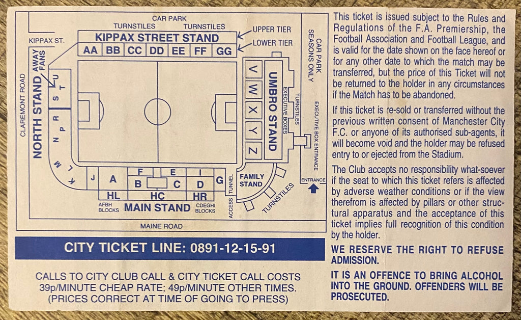 1995/96 ORIGINAL FA PREMIERSHIP TICKET MANCHESTER CITY V NEWCASTLE UNITED