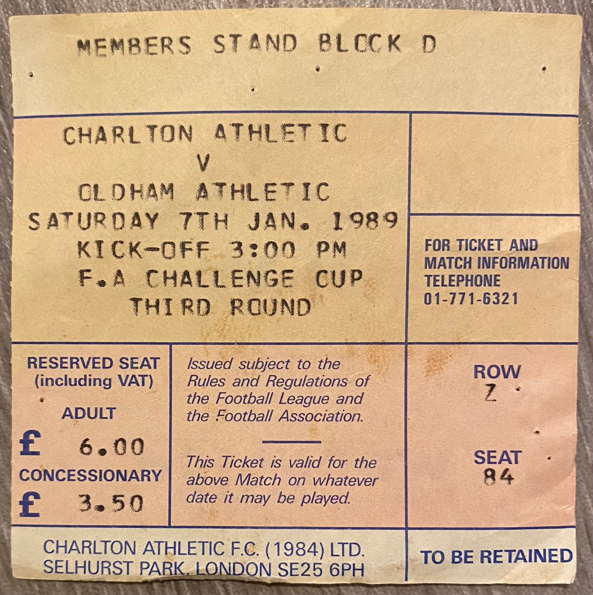 1988/89 ORIGINAL FA CUP 3RD ROUND TICKET CHARLTON ATHLETIC V OLDHAM ATHLETIC